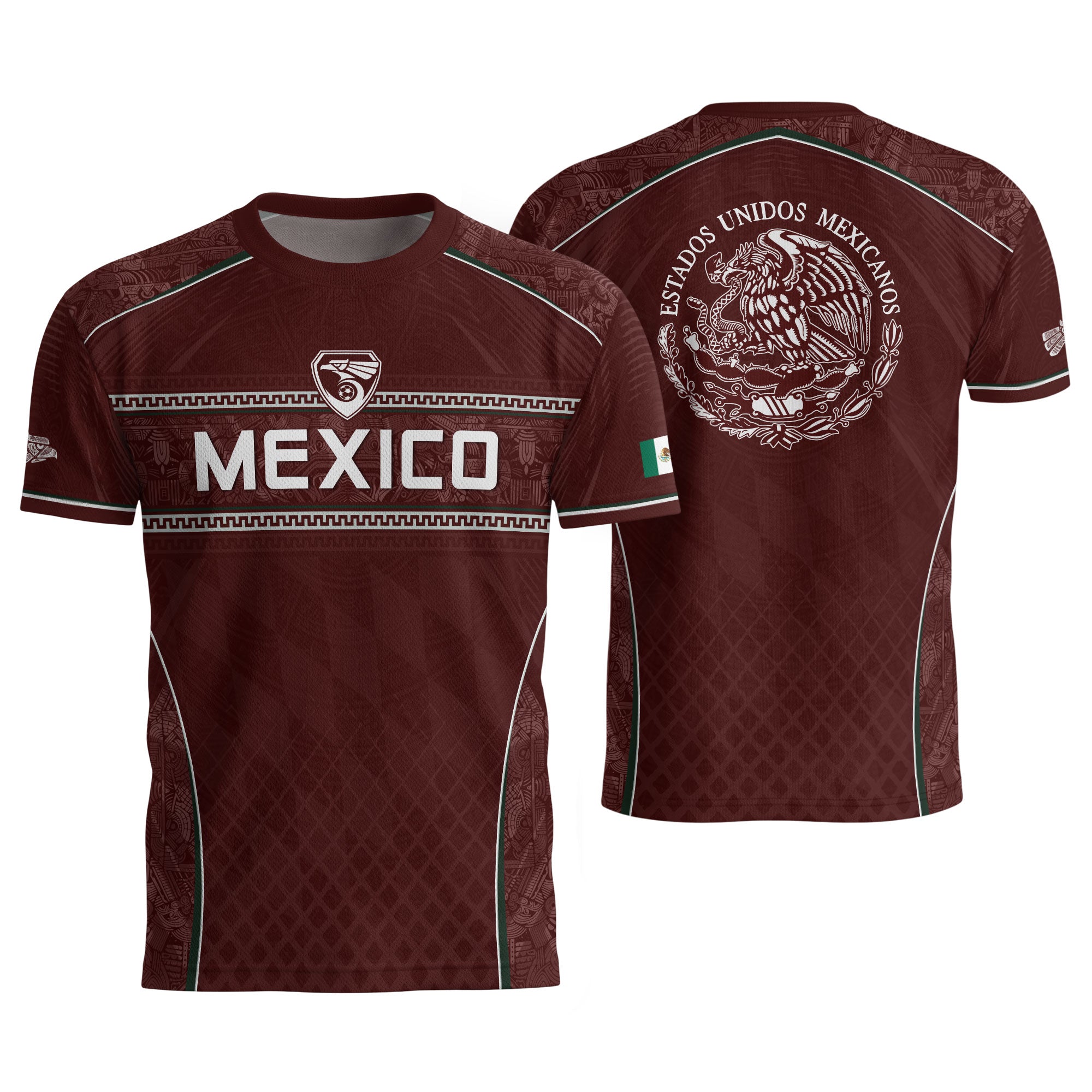 Camiseta de fútbol premium con emblema de águila azteca verde y dorado de México