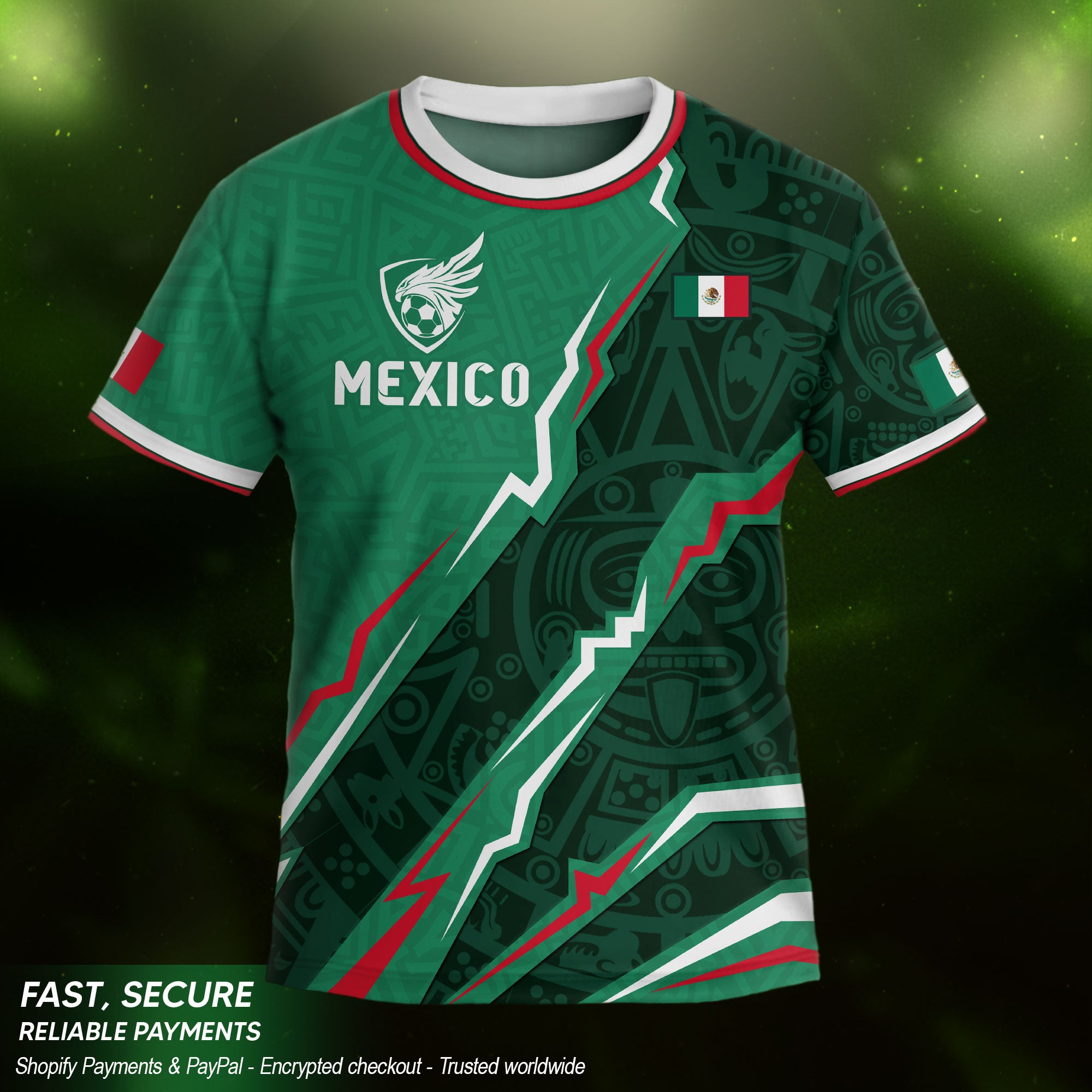 Camiseta de fútbol infantil de México con diseño de escudo con patrón azteca verde