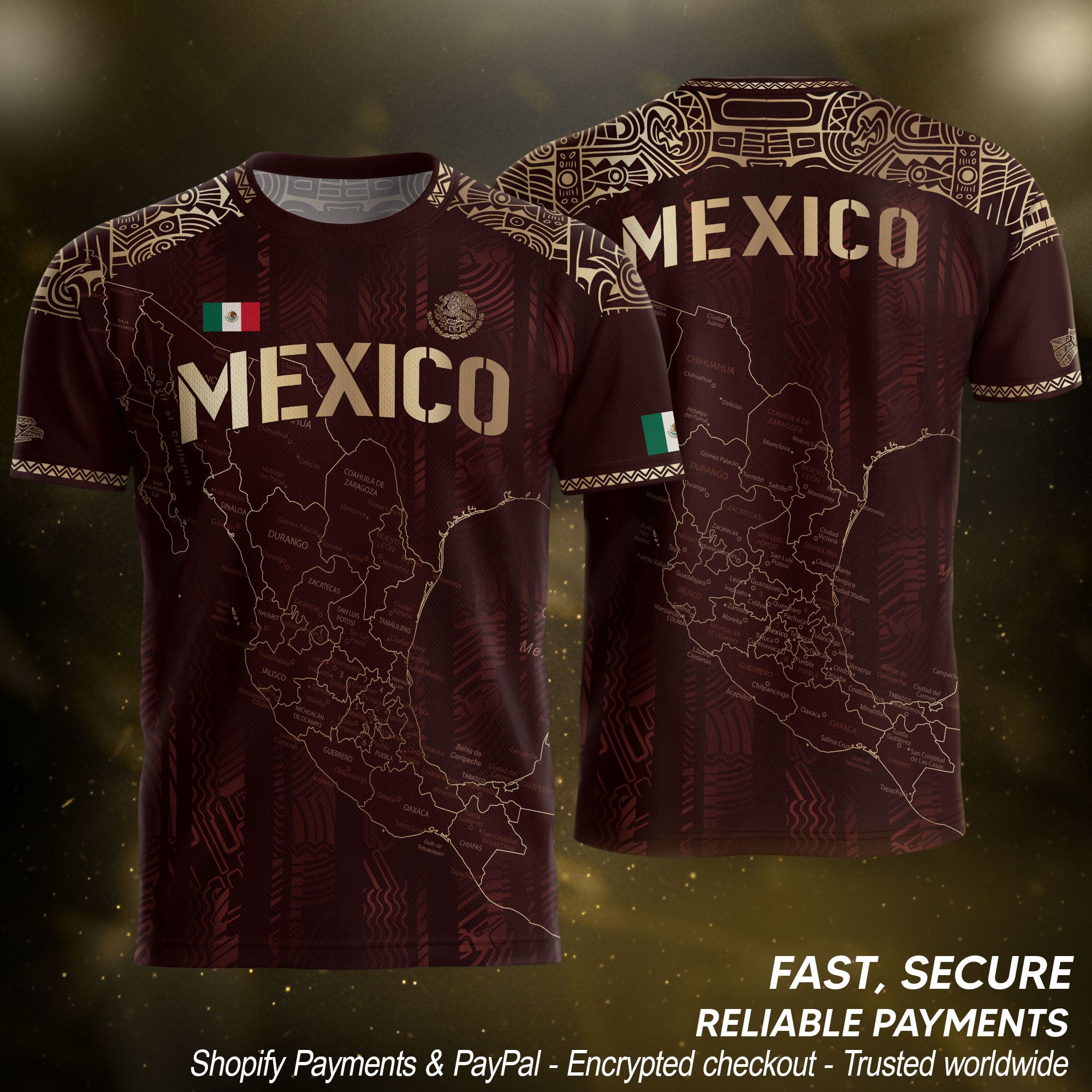 Mexico Soccer Jersey Burgundy Map Aztec Pattern Heritage Golden Details Design
