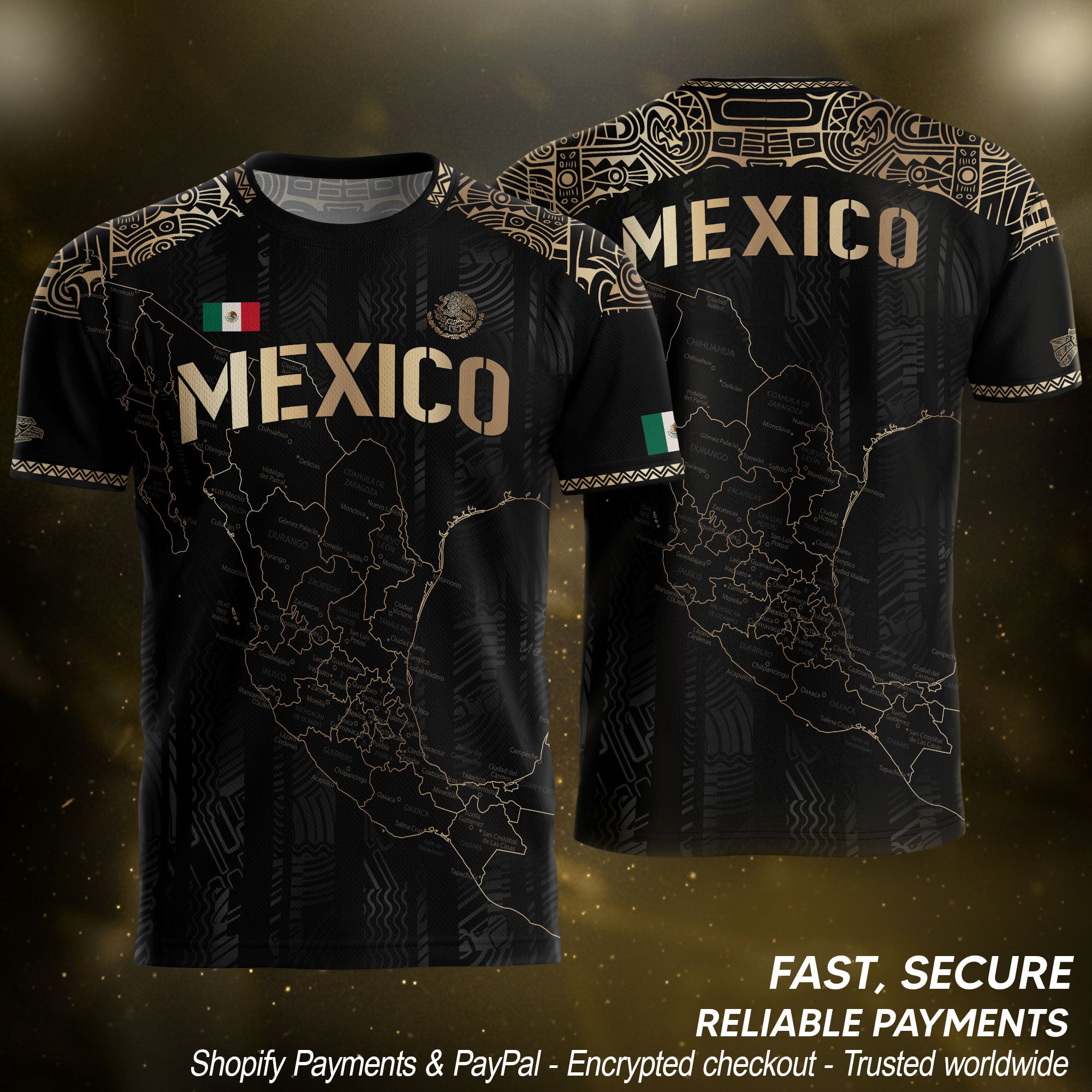 Mexico Black Heritage Map Soccer Jersey with Golden Aztec Details