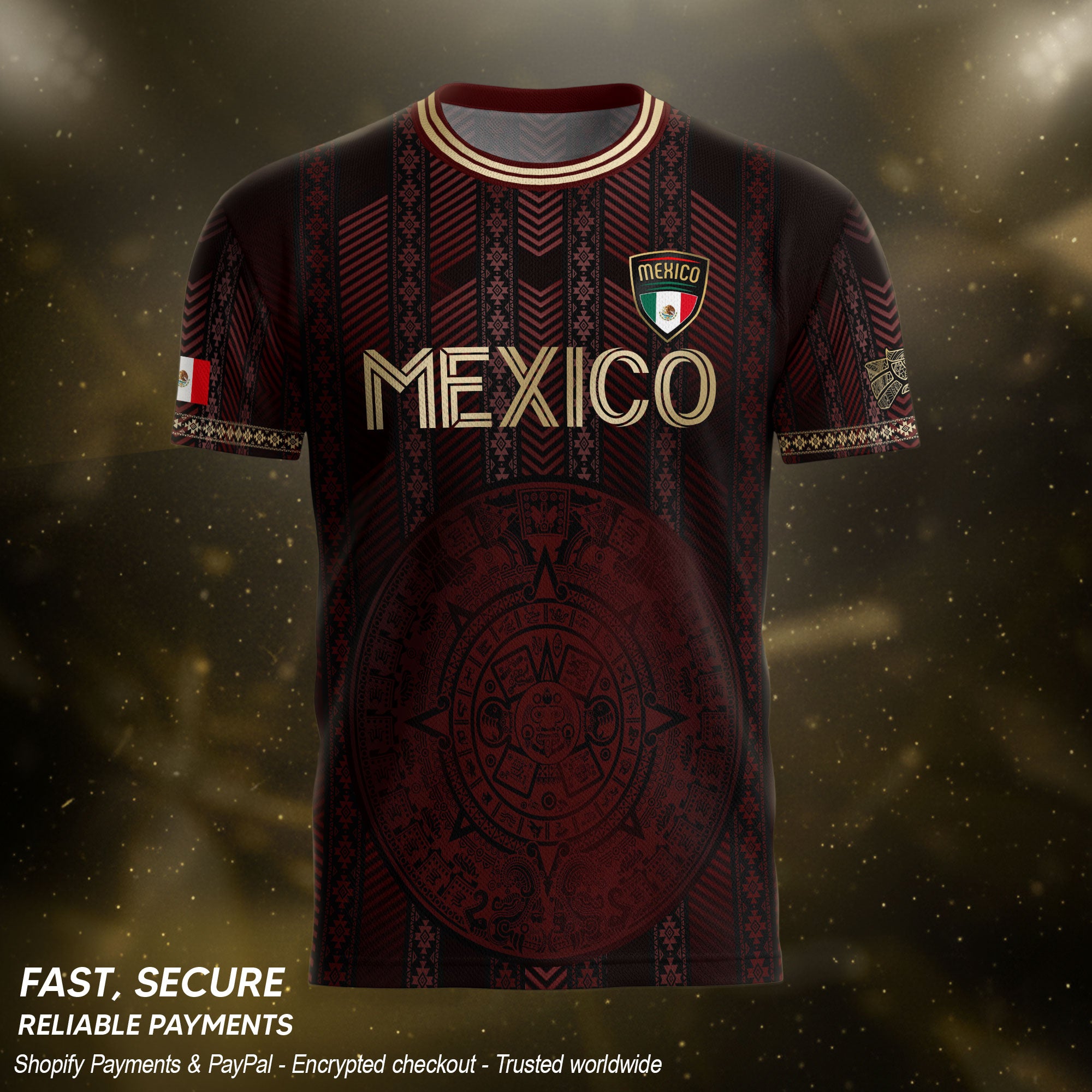 Mexico Burgundy Soccer Jersey with Golden Aztec Calendar and Eagle Crest
