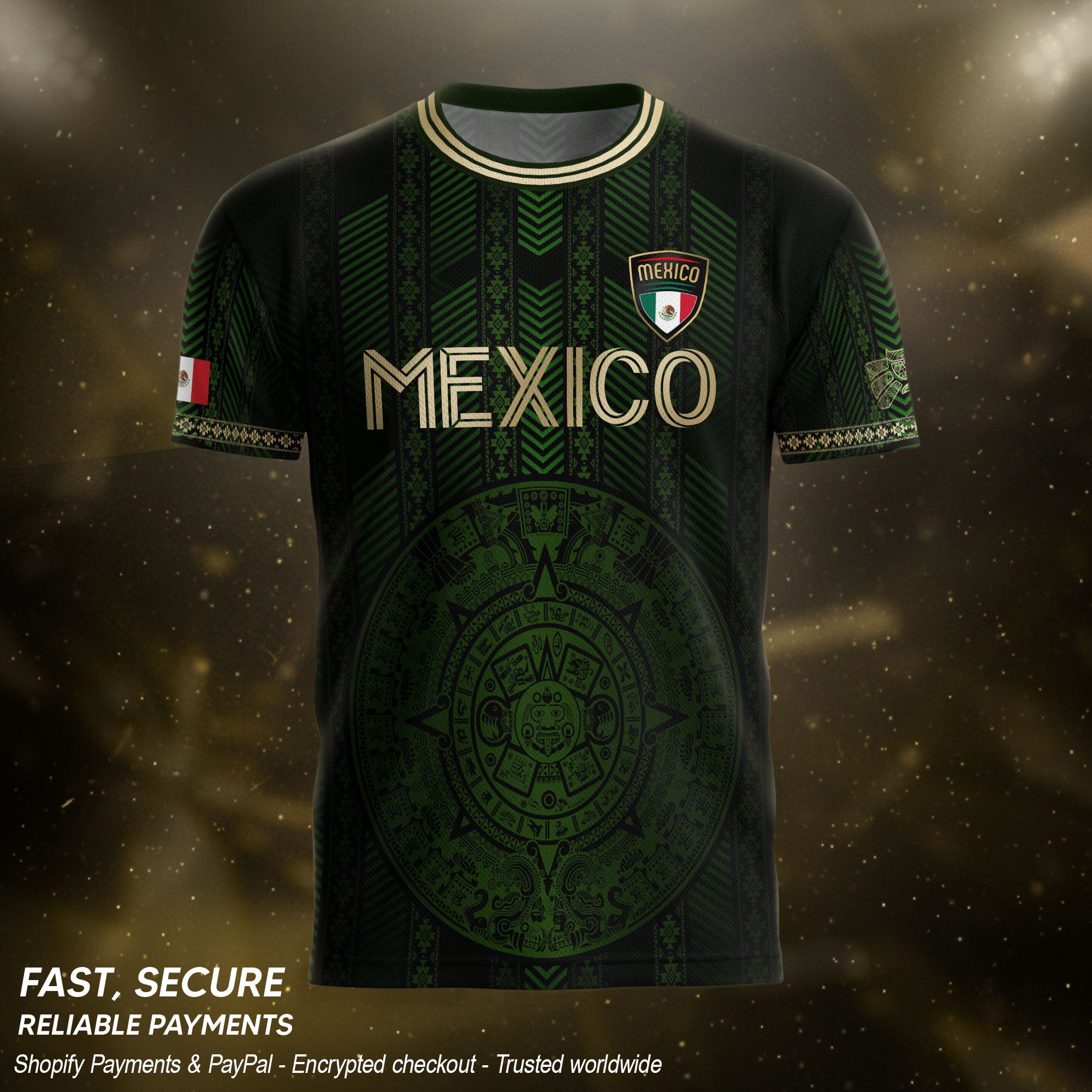 Mexico Green Soccer Jersey with Golden Aztec Calendar and Eagle Crest