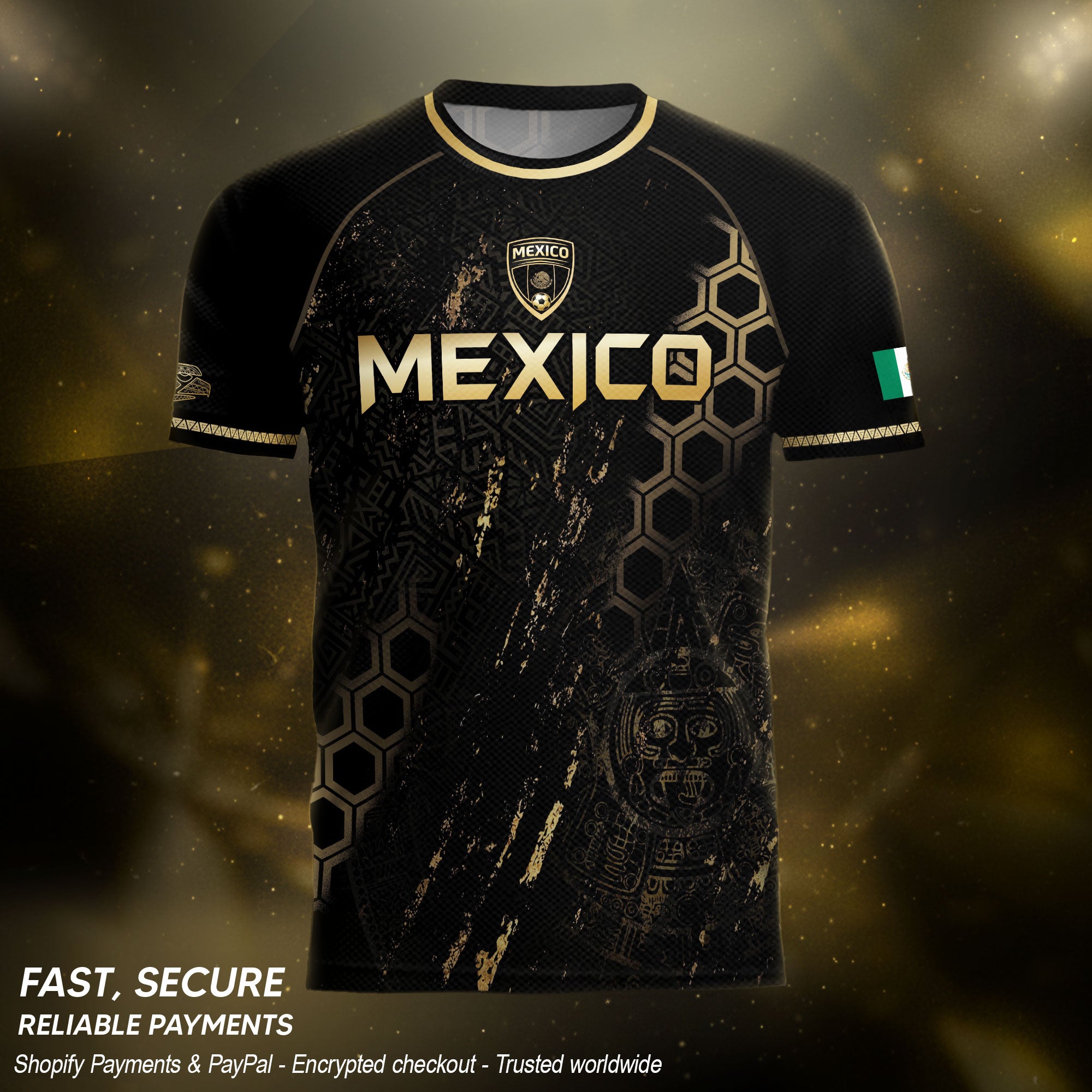 Mexico Heritage Orgullo Mexicano Black Gold Eagle Hexagon Pattern Soccer Jersey