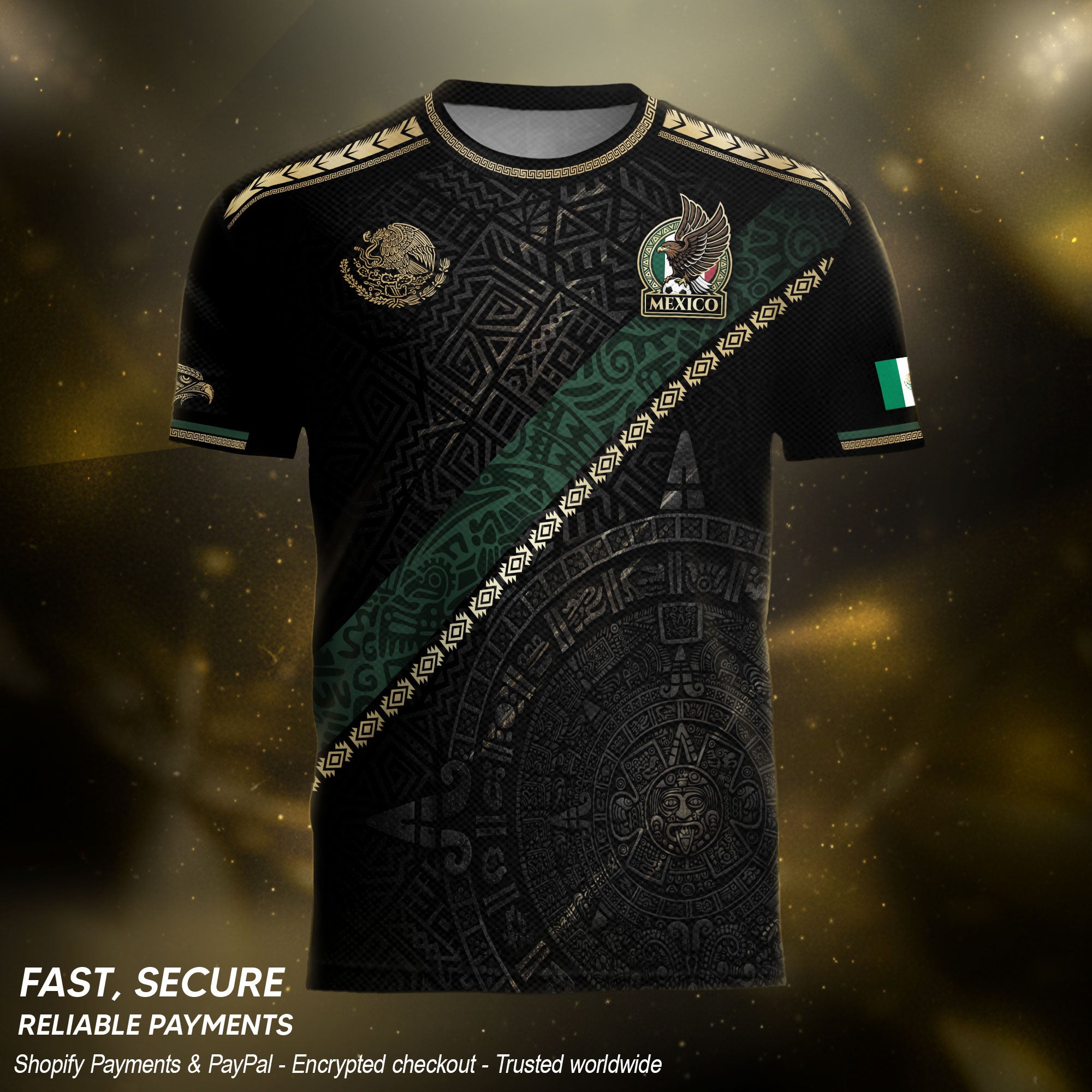 Mexico Heritage Orgullo Mexicano Black Gold Sash Aztec Calendar Gold Shoulder Soccer Jersey