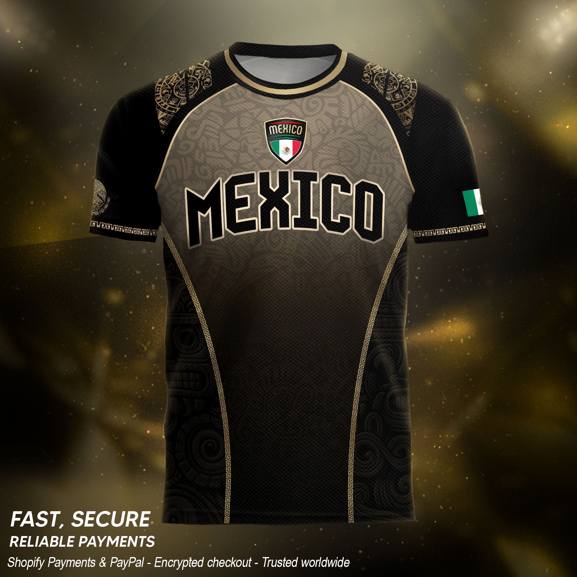 Mexico Heritage Black Tan Arch Design Aztec Empire Pride Graphic Soccer Jersey