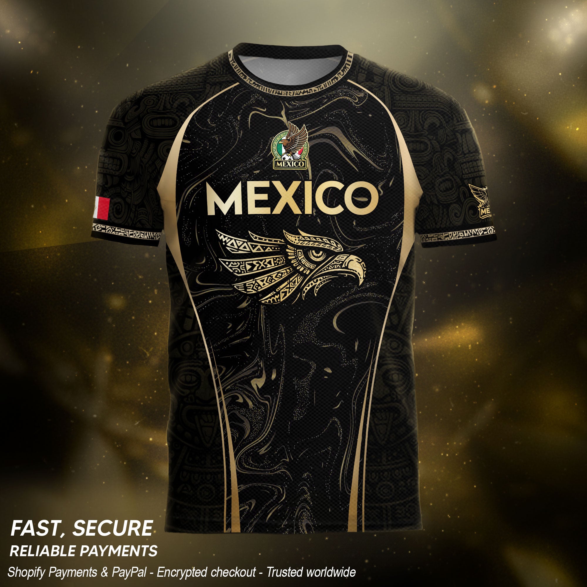 Mexico Coat of Arms Black Gold Aztec Eagle Warrior Heritage Soccer Jersey