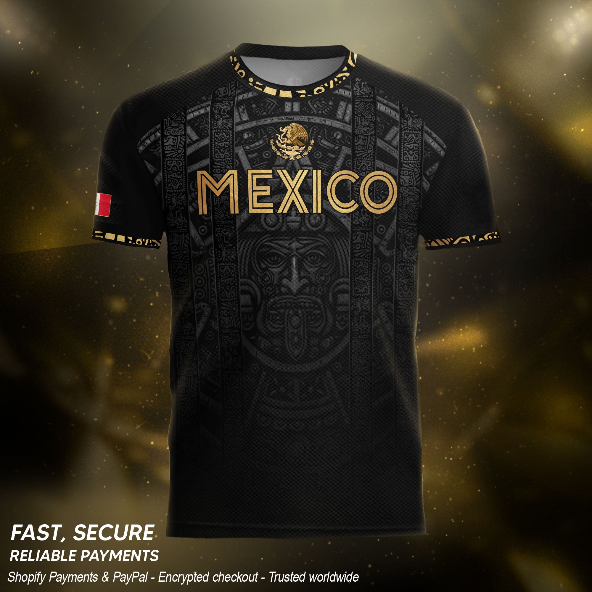 Mexico Heritage Orgullo Mexicano Black Gold Aztec Sun Stone Calendar Soccer Jersey