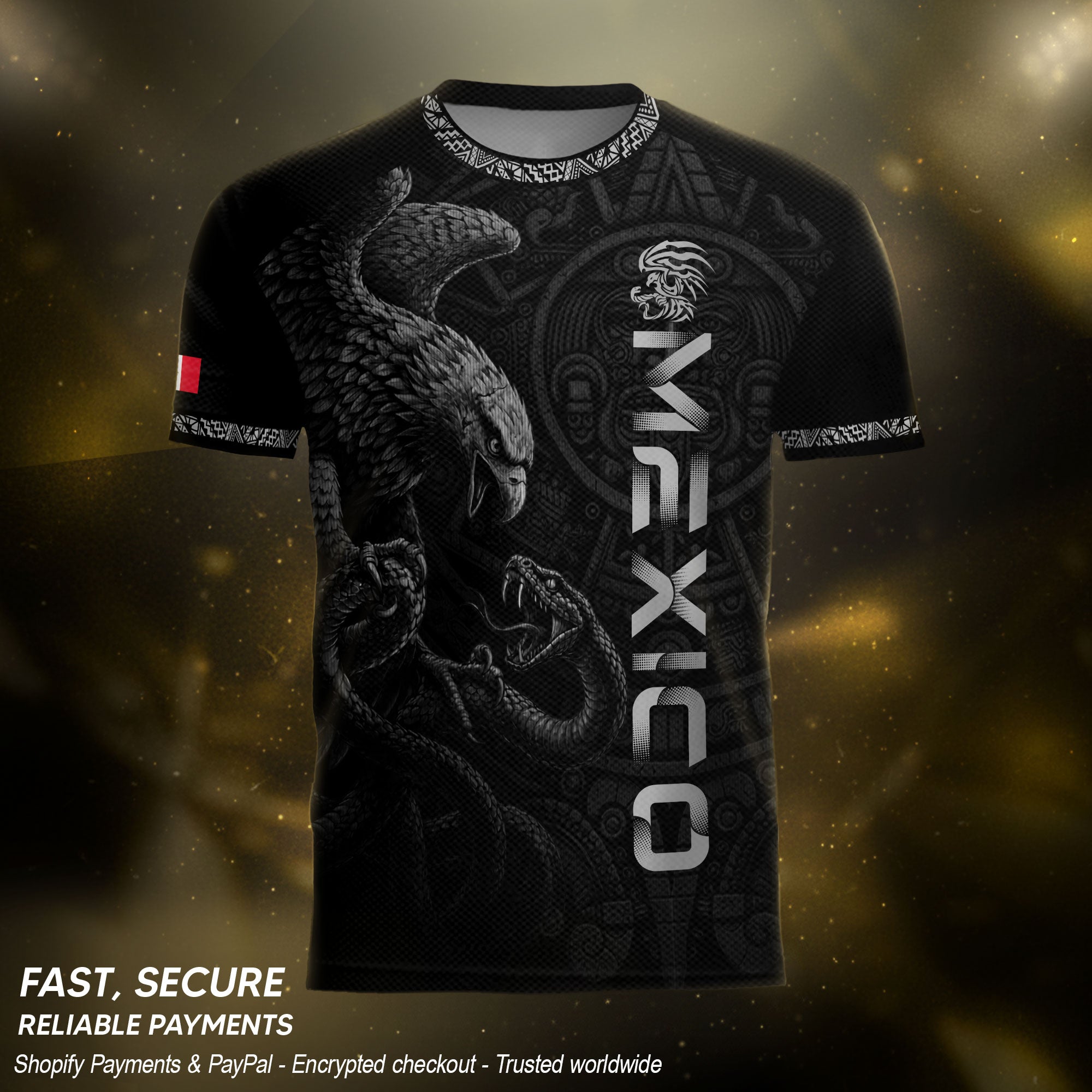 Mexico Coat of Arms Black Silver Eagle Snake Battle Aztec Calendar Heritage Soccer Jersey