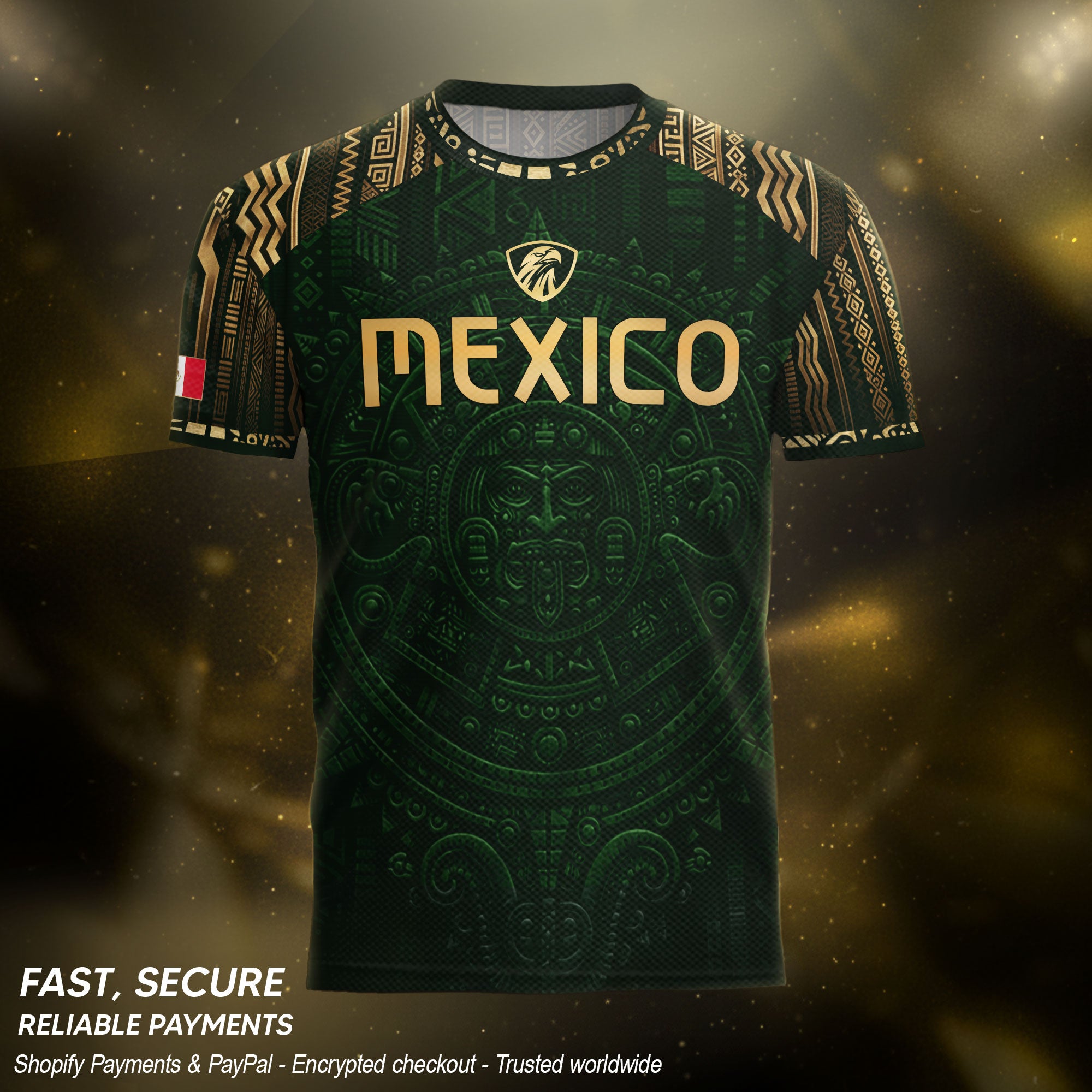 Mexico Heritage Orgullo Mexicano Green Gold Aztec Calendar Sun Stone Soccer Jersey