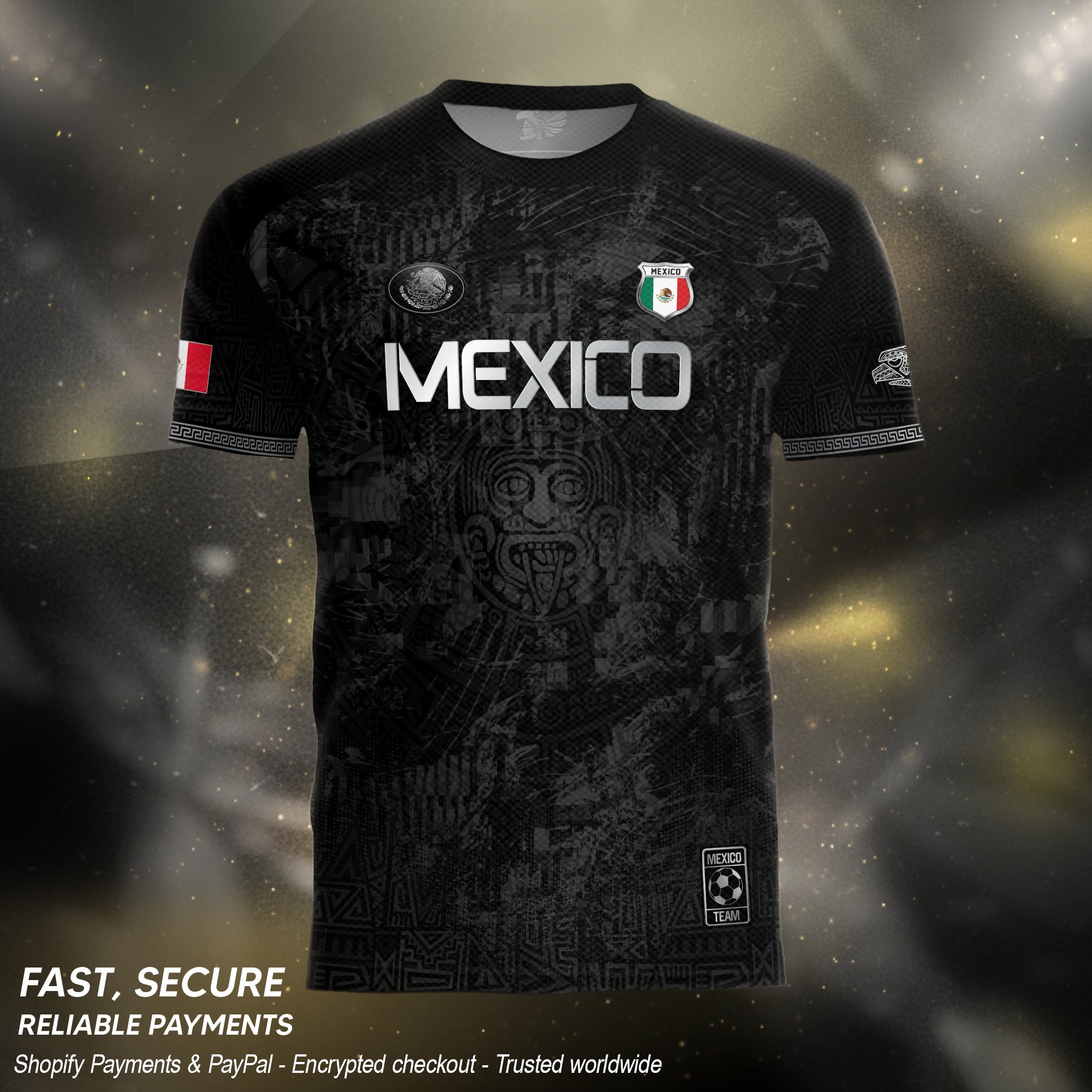 Mexico Heritage Black Silver Distressed Style Aztec Empire Pride Graphic Soccer Jersey