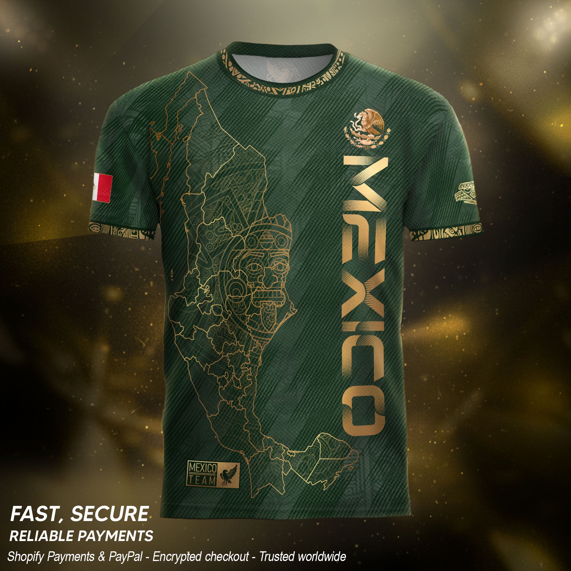 Mexico Heritage Orgullo Mexicano Green Gold Country Map Aztec Calendar Soccer Jersey