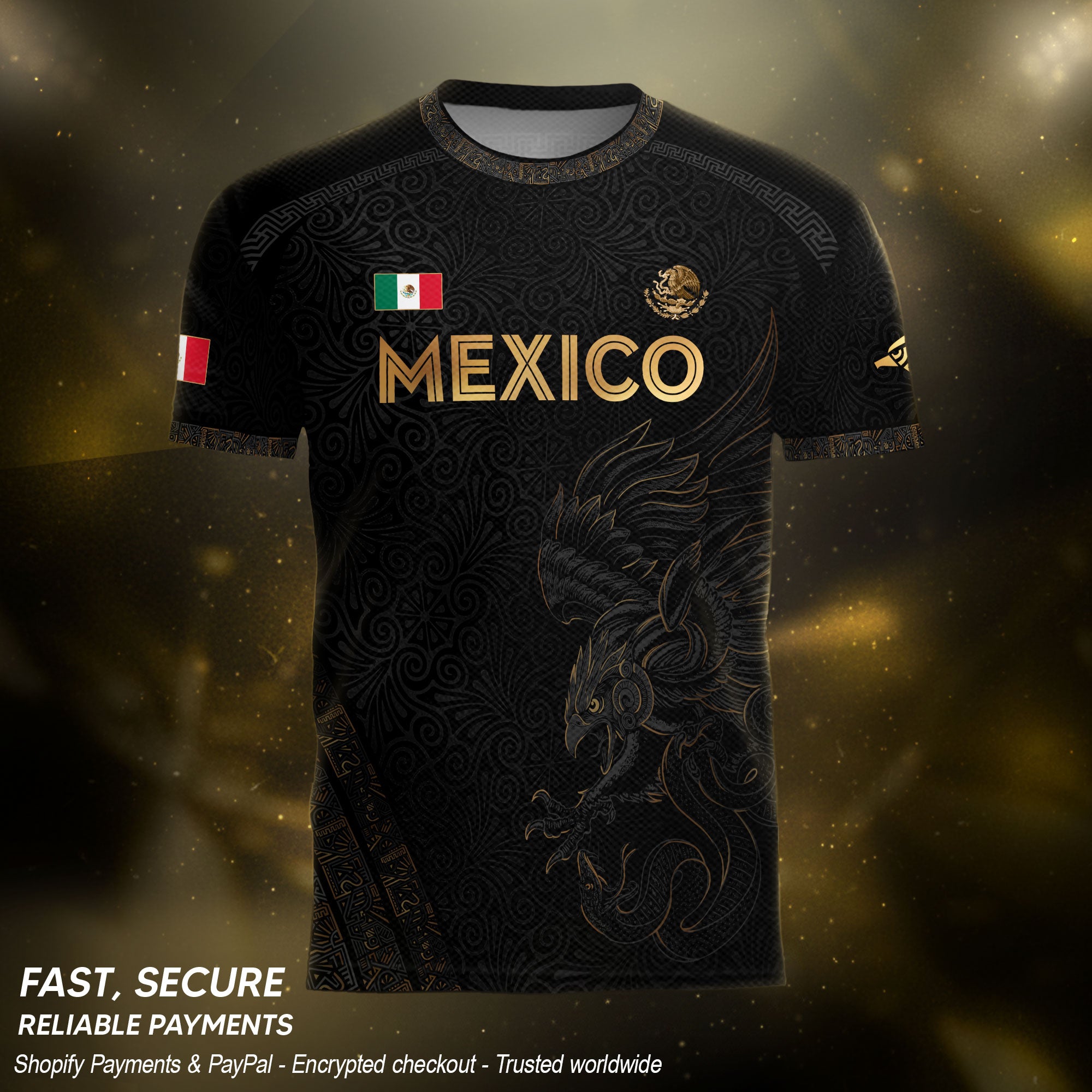 Mexico Heritage Black Gold Eagle Graphic Floral Pattern Pride Soccer Jersey