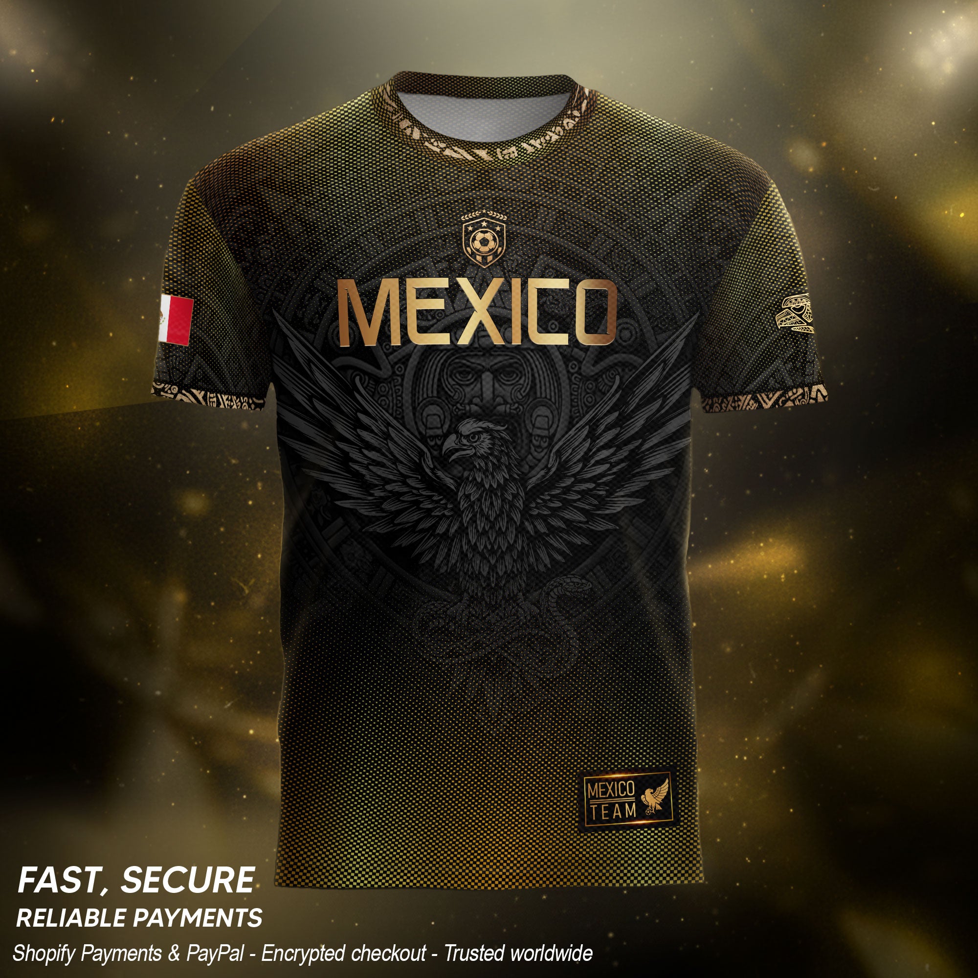 Mexico Heritage Orgullo Mexicano Black Gold Eagle Gradient Aztec Calendar Soccer Jersey