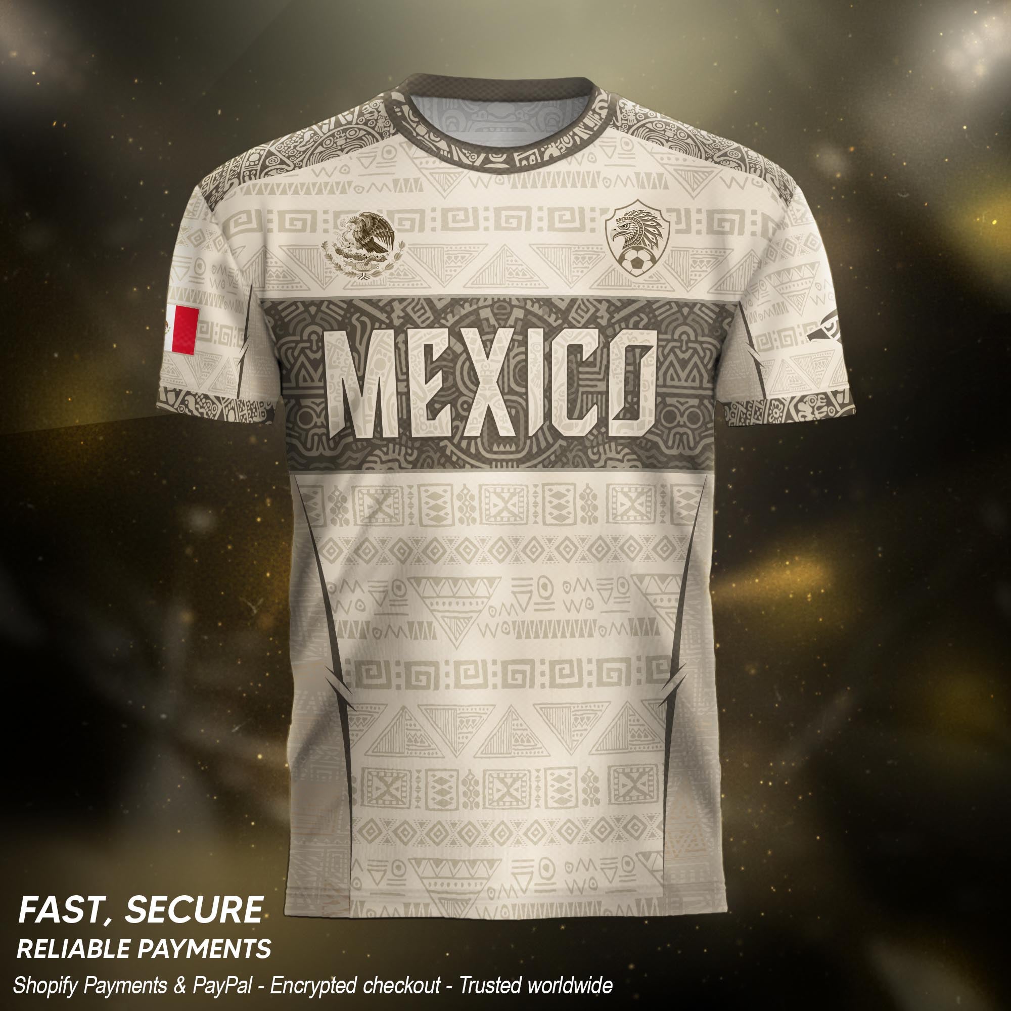 Mexico Coat of Arms Beige Aztec Mayan Tribal Geometric Pattern Heritage Soccer Jersey