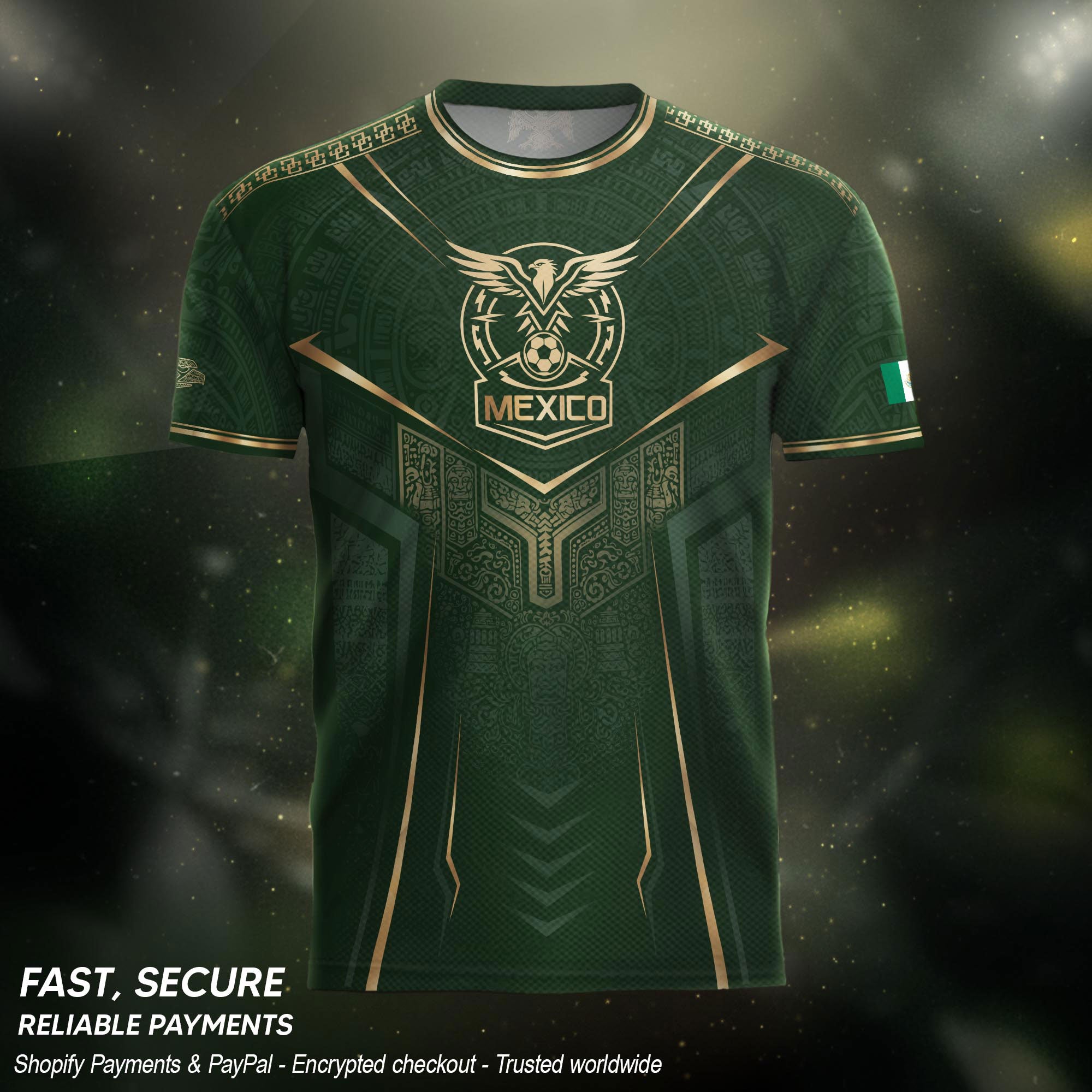 Camiseta de fútbol premium con emblema de águila azteca verde y dorado de México