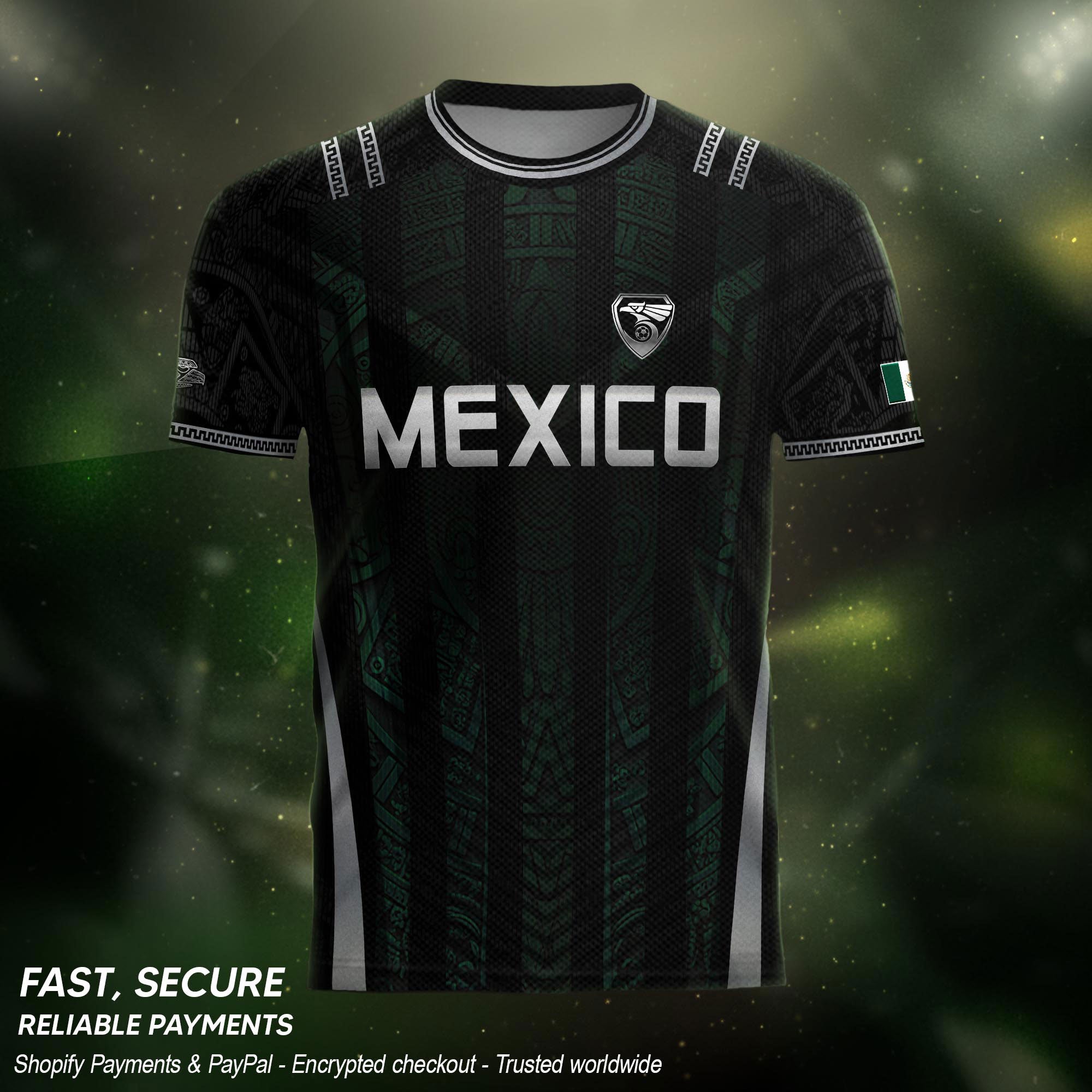 Camiseta de fútbol premium con emblema de águila azteca verde y dorado de México