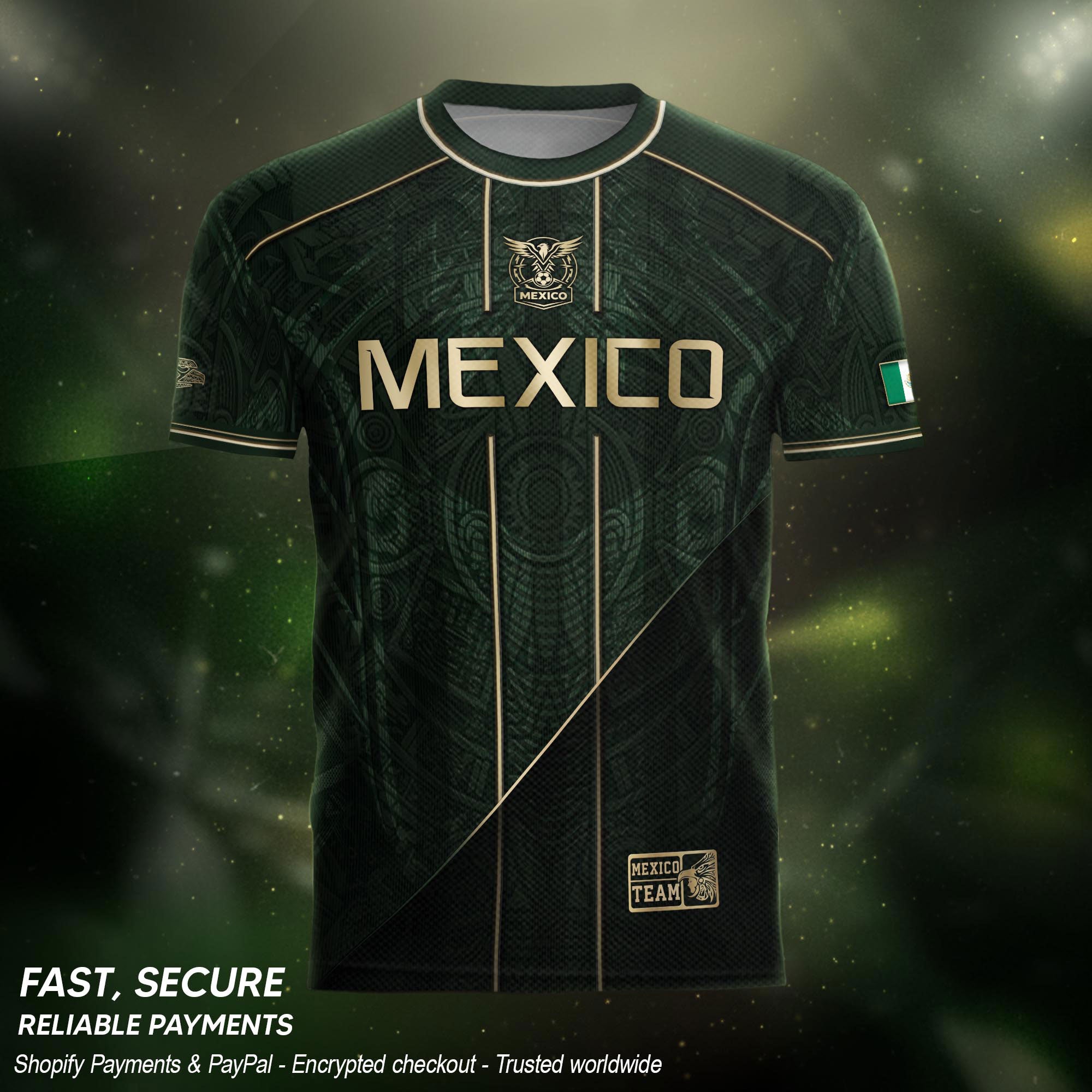 Camiseta de fútbol premium con emblema de águila azteca verde y dorado de México