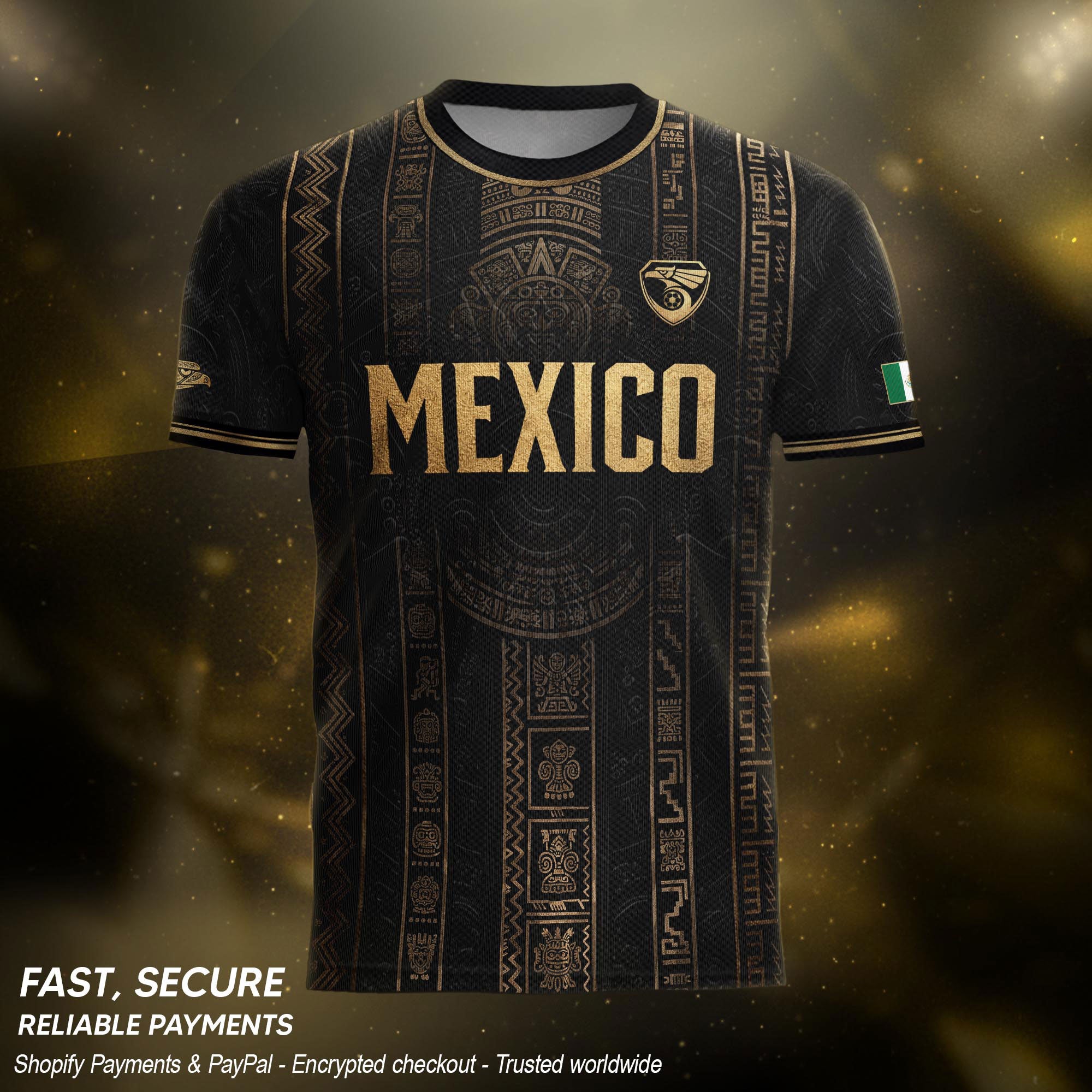 Camiseta de fútbol premium con emblema de águila azteca verde y dorado de México