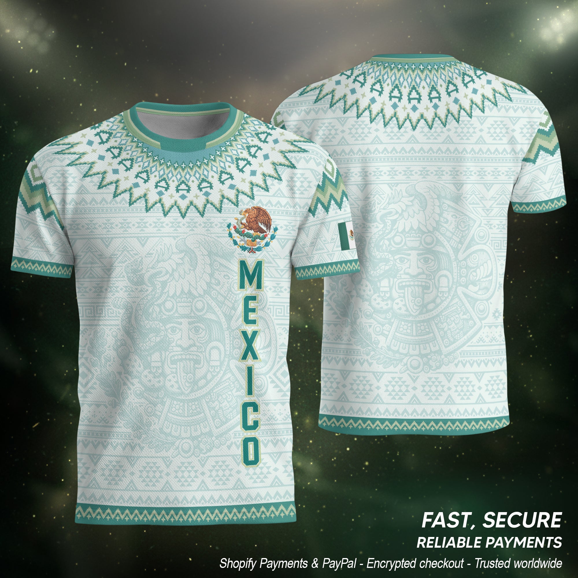 Camiseta de fútbol premium con emblema de águila azteca verde y dorado de México