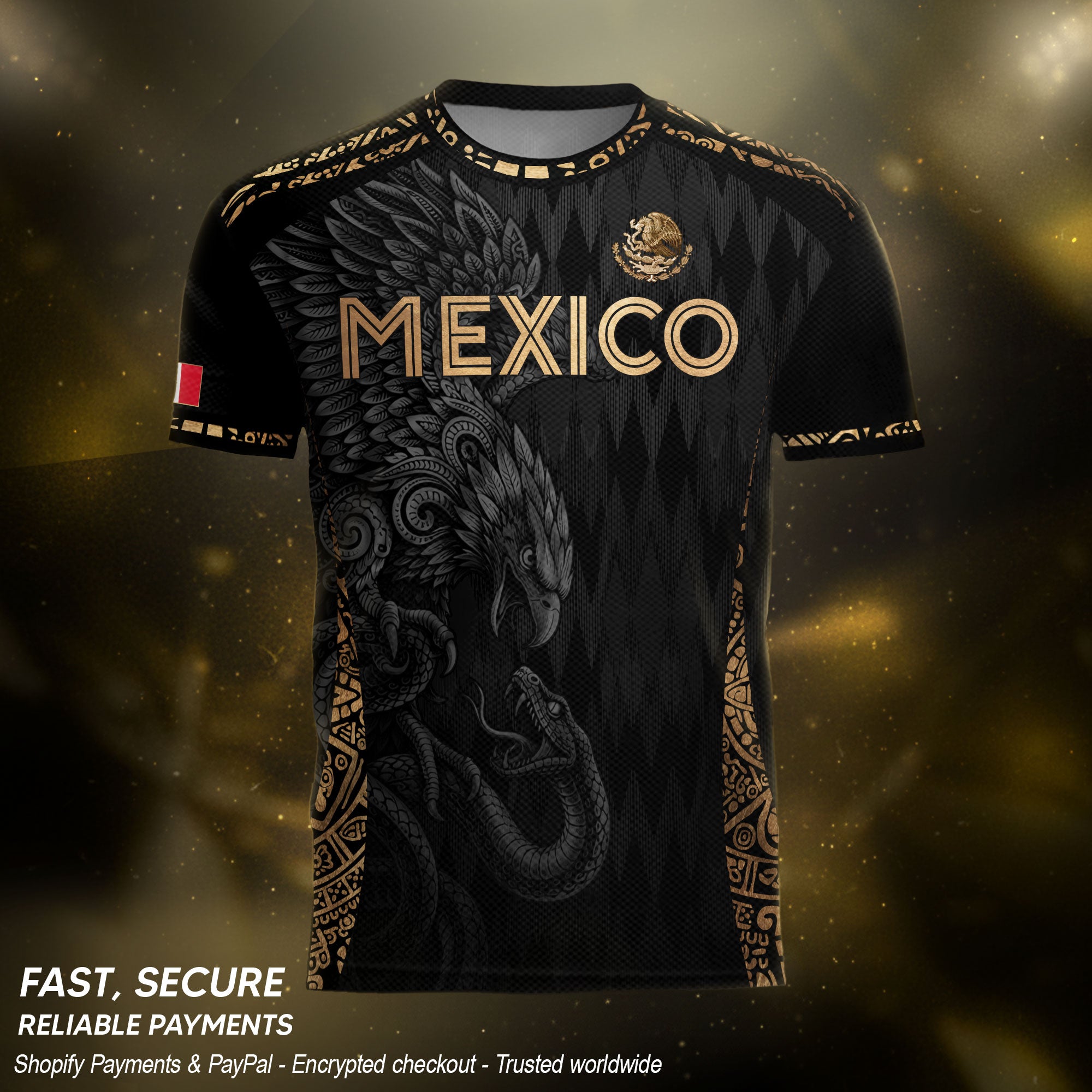 Camiseta de fútbol premium con emblema de águila azteca verde y dorado de México