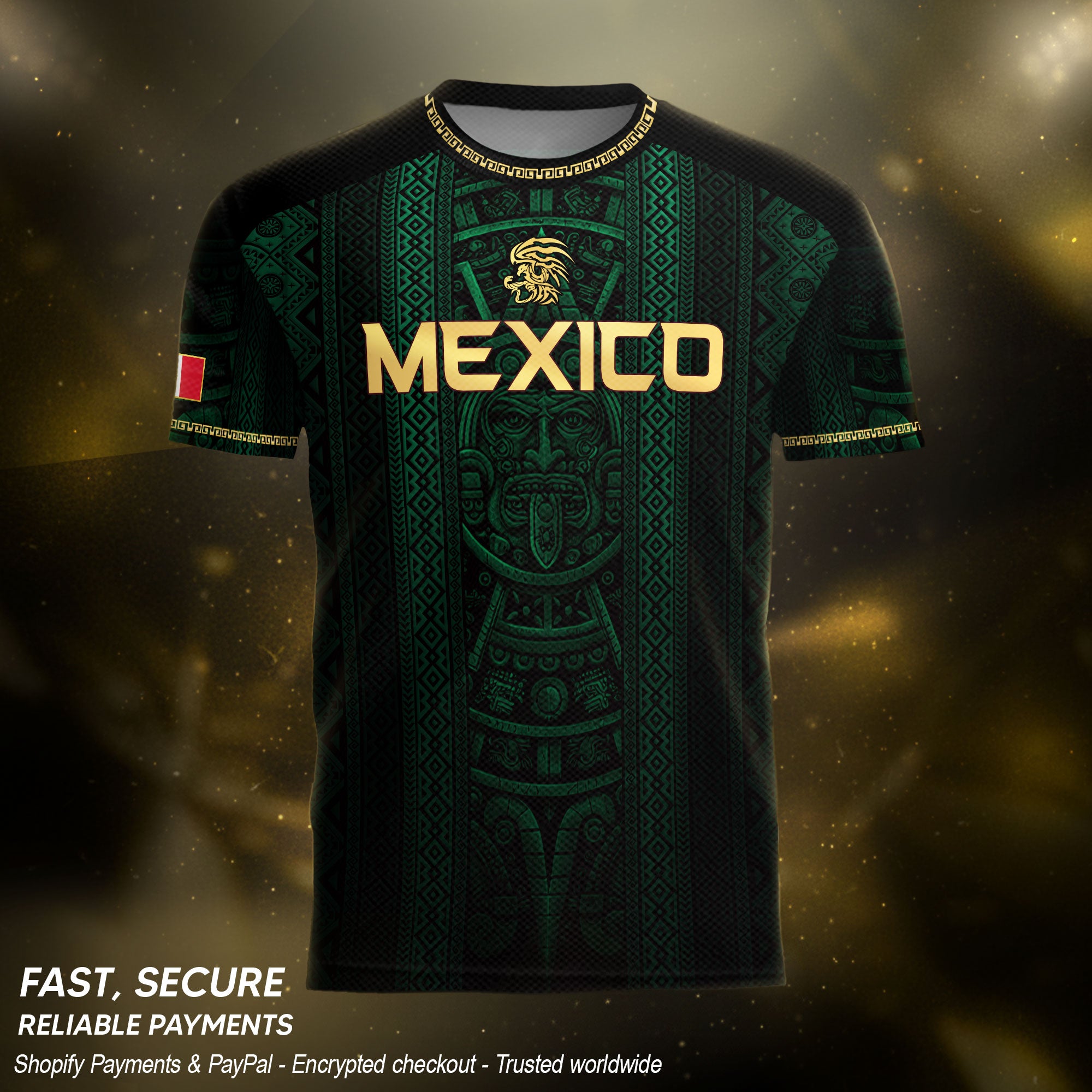 Camiseta de fútbol premium con emblema de águila azteca verde y dorado de México