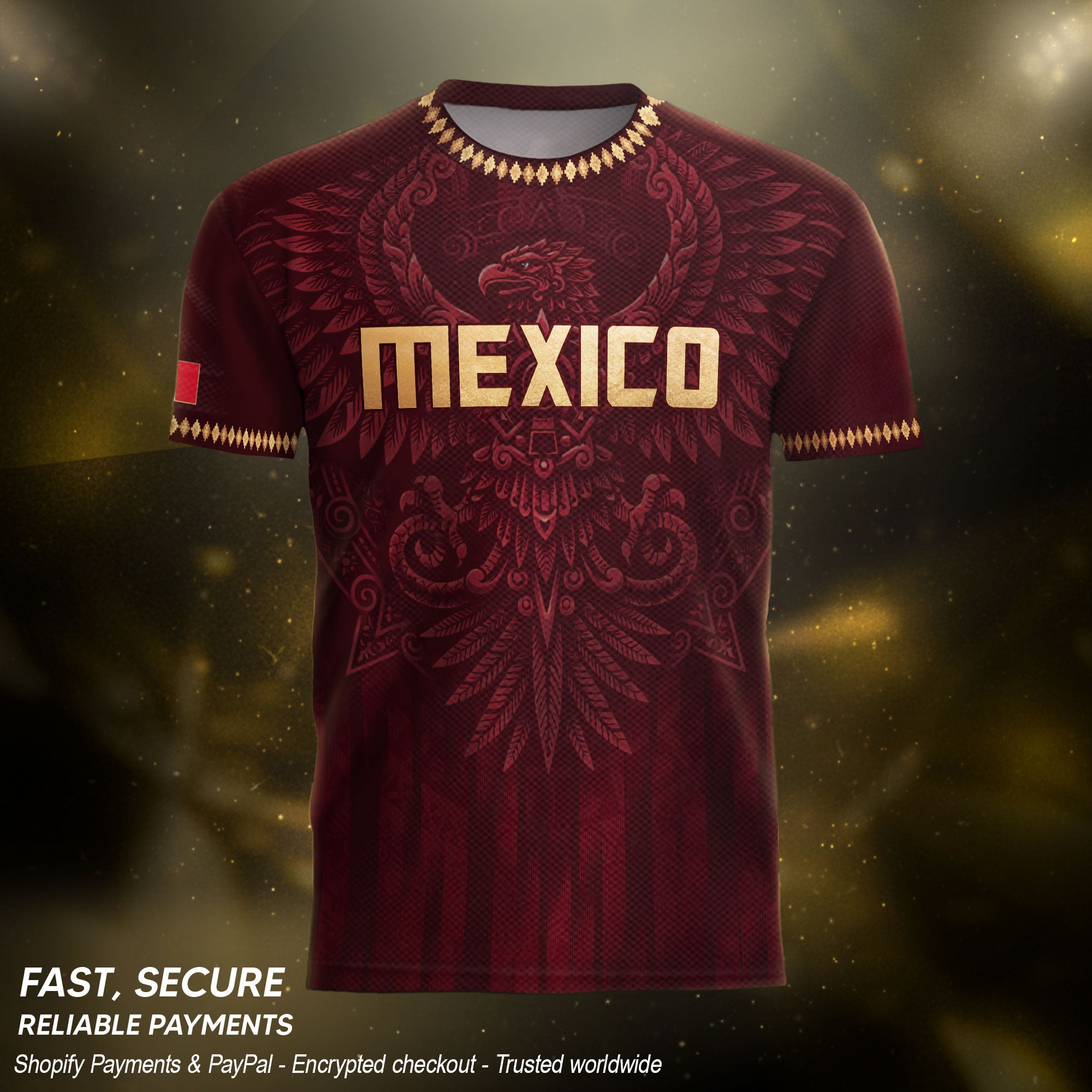 Camiseta de fútbol premium con emblema de águila azteca verde y dorado de México