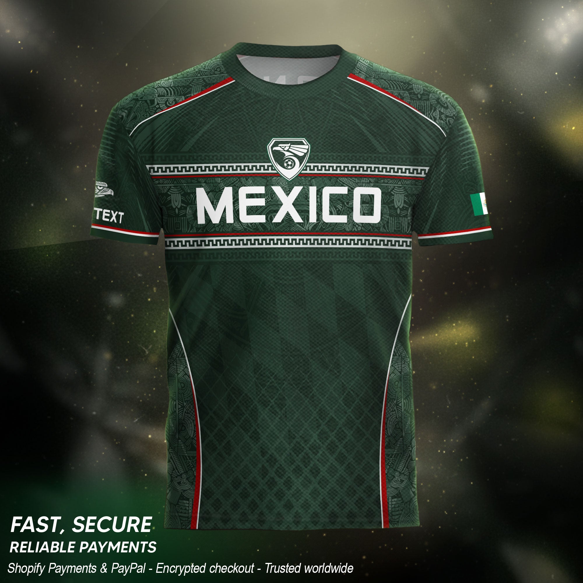 Camiseta de fútbol premium con emblema de águila azteca verde y dorado de México
