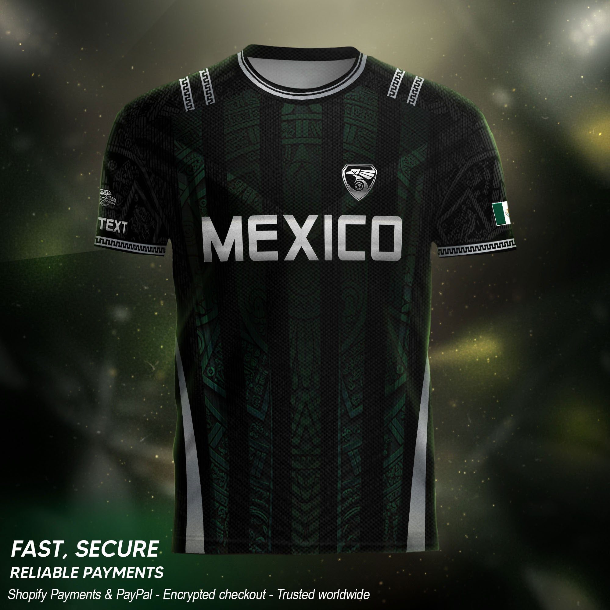 Camiseta de fútbol premium con emblema de águila azteca verde y dorado de México