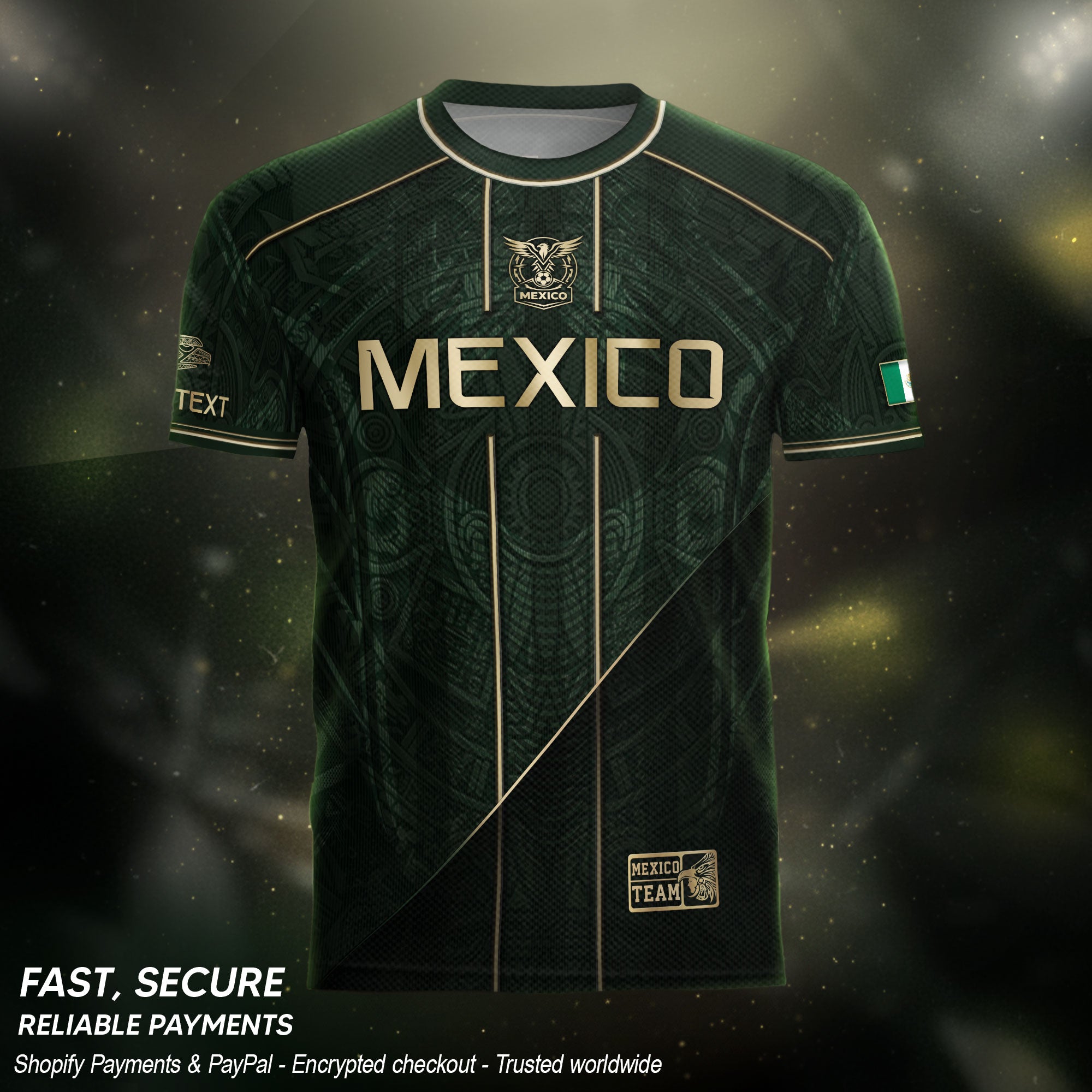 Camiseta de fútbol premium con emblema de águila azteca verde y dorado de México