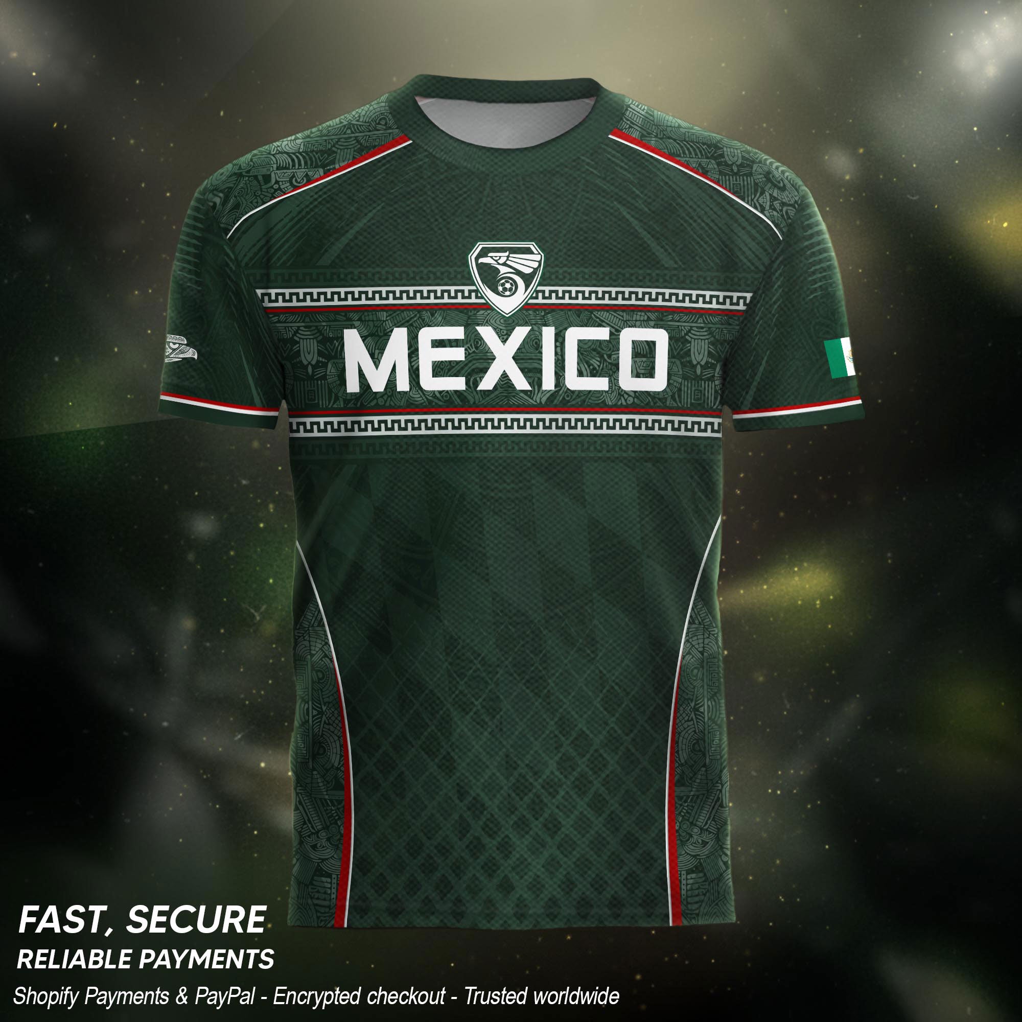 Camiseta de fútbol premium con emblema de águila azteca verde y dorado de México
