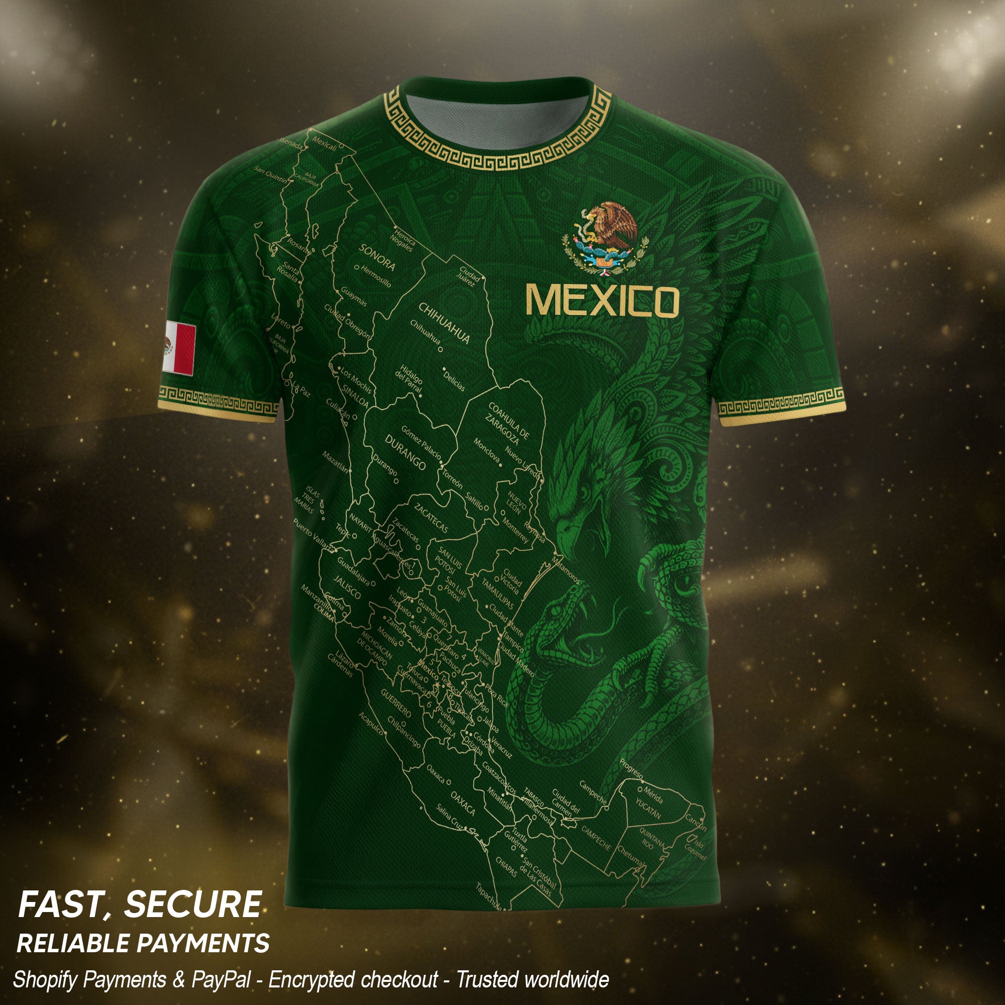 Camiseta de fútbol premium con emblema de águila azteca verde y dorado de México