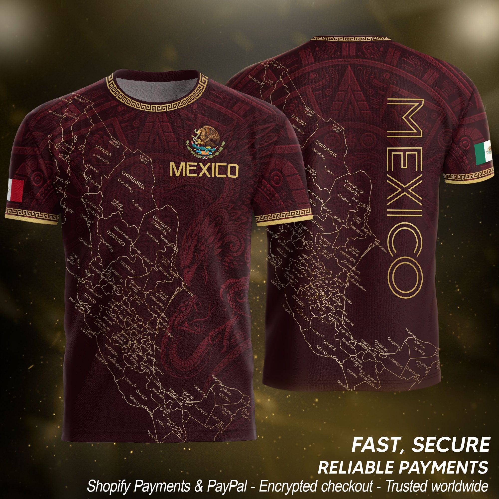 Men's Burgundy Mexico Map Eagle & Snake Graphic T-Shirt – Mexico Country Outline Print Tee
