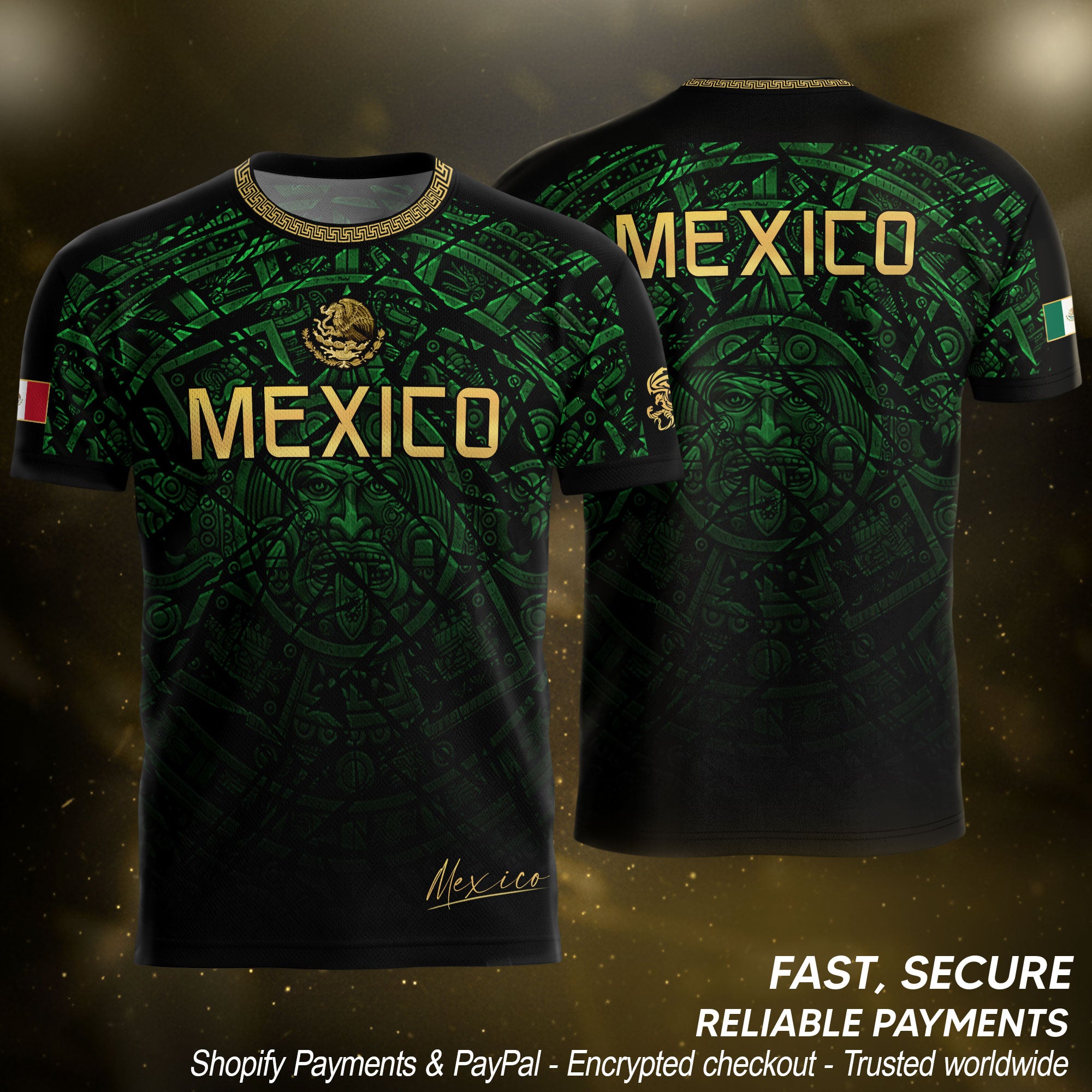 Mexico Soccer Jersey Green Black Aztec Sun Stone - Mexico Fan Heritage Style Shirt