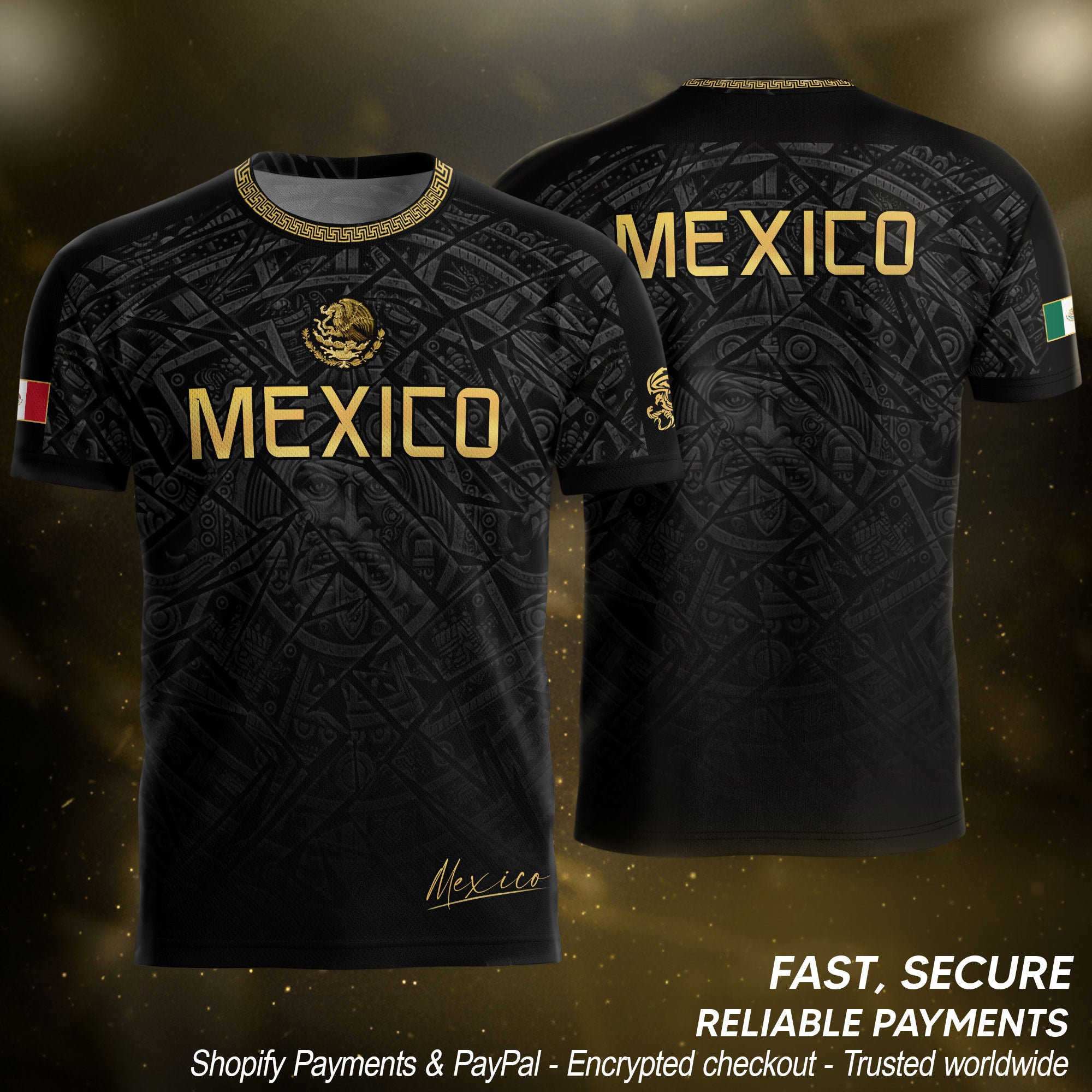 Mexico Soccer Jersey Black Gold Aztec Pattern – Football Shirt for Men Fans