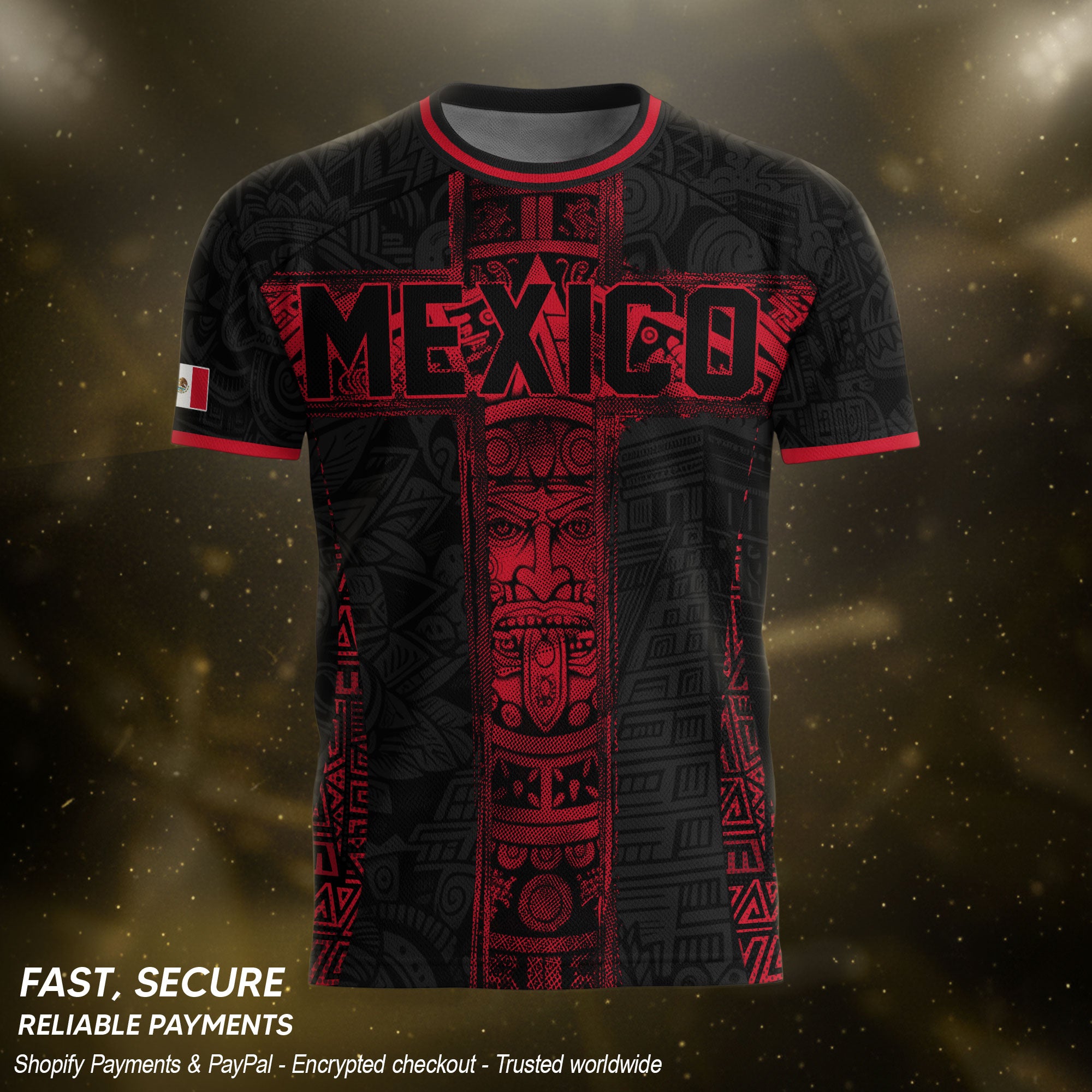 Mexico Soccer Jersey Men Black Red Aztec Cross Warrior Mexican Football Shirt