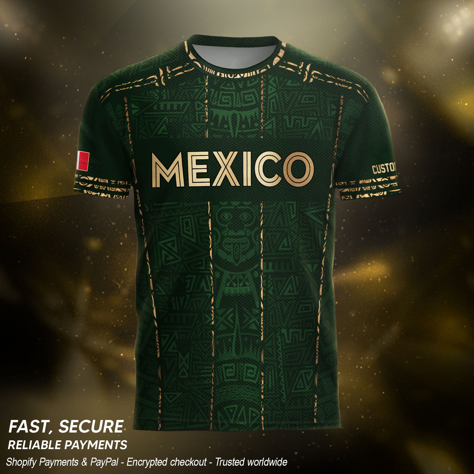 Mexico Soccer Jersey Custom Name - Green Aztec Heritage Pattern Tribal Football Shirt