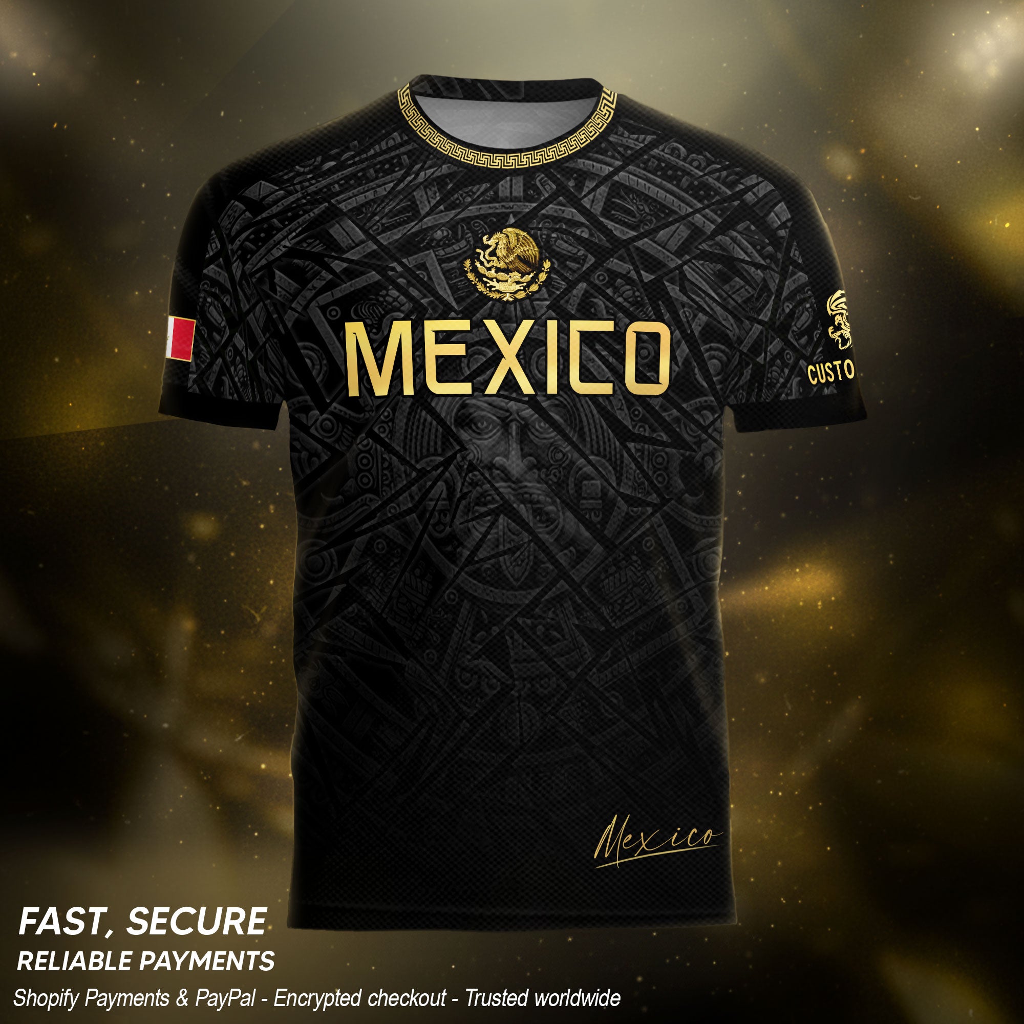Custom Mexico Soccer Jersey – Black Aztec Heritage Pattern Personalized Football Shirt