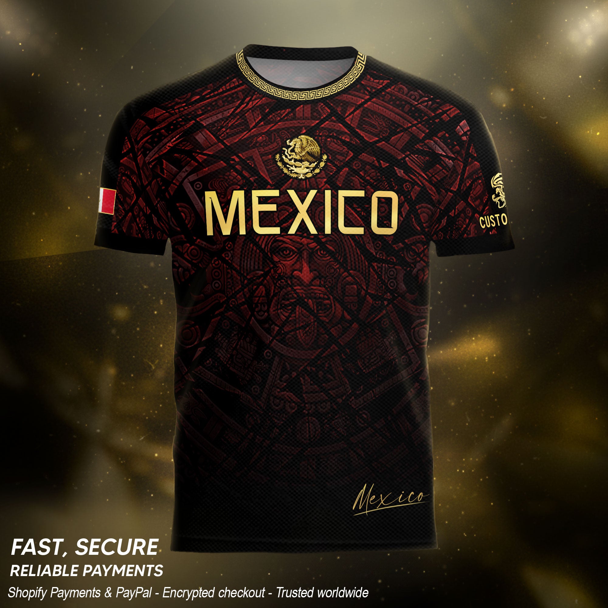Custom Mexico Soccer Jersey – Maroon Black Aztec Heritage Pattern Personalized Football Shirt