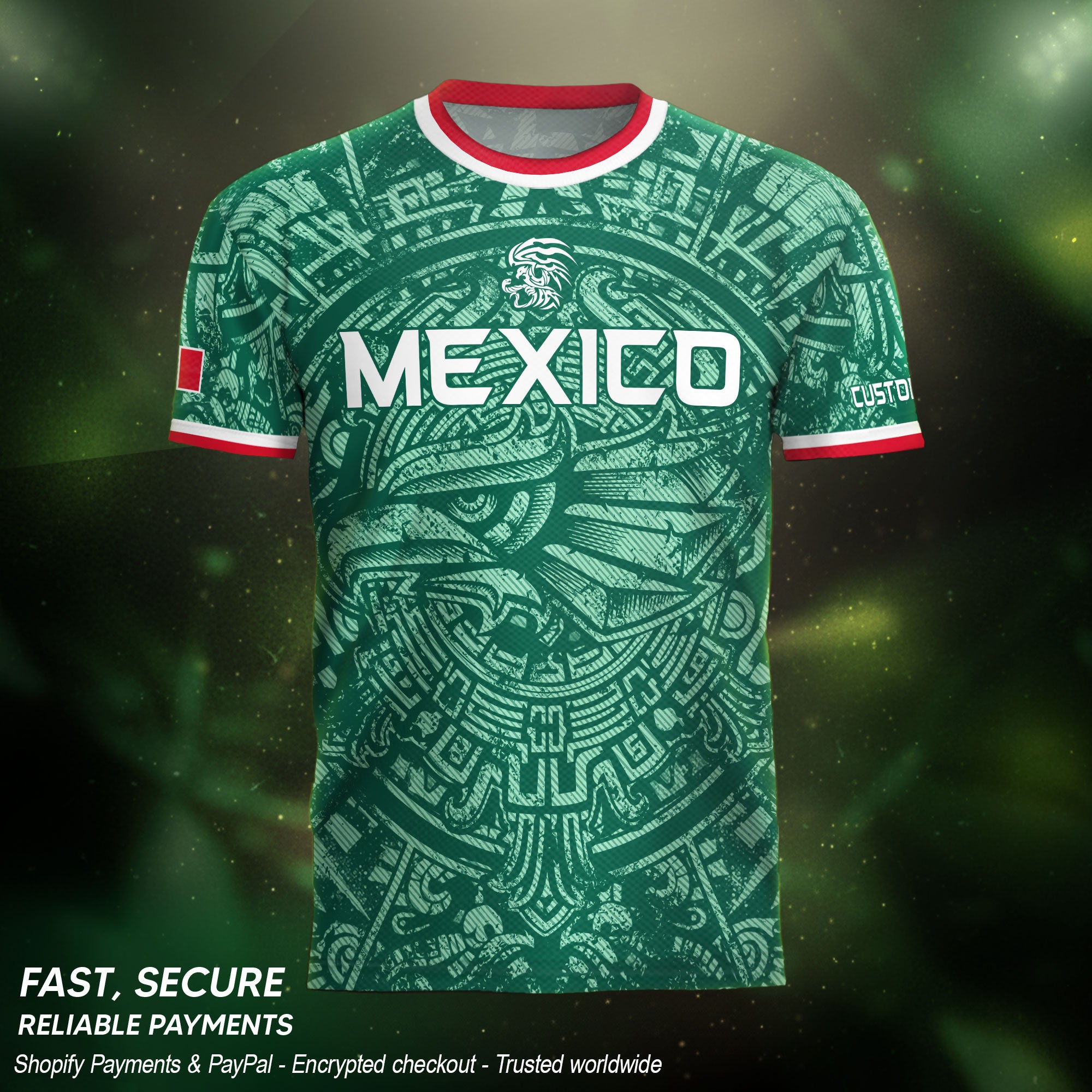 Mexico Soccer Jersey Custom Name - Green Aztec Calendar & Eagle