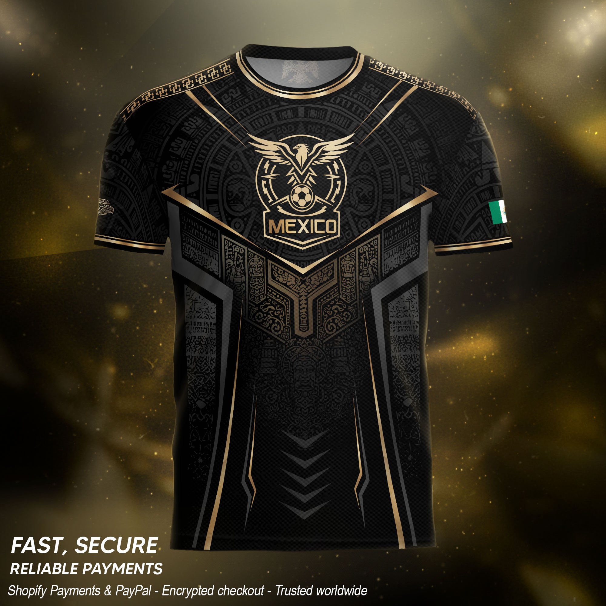 Camiseta de fútbol premium con emblema de águila azteca verde y dorado de México