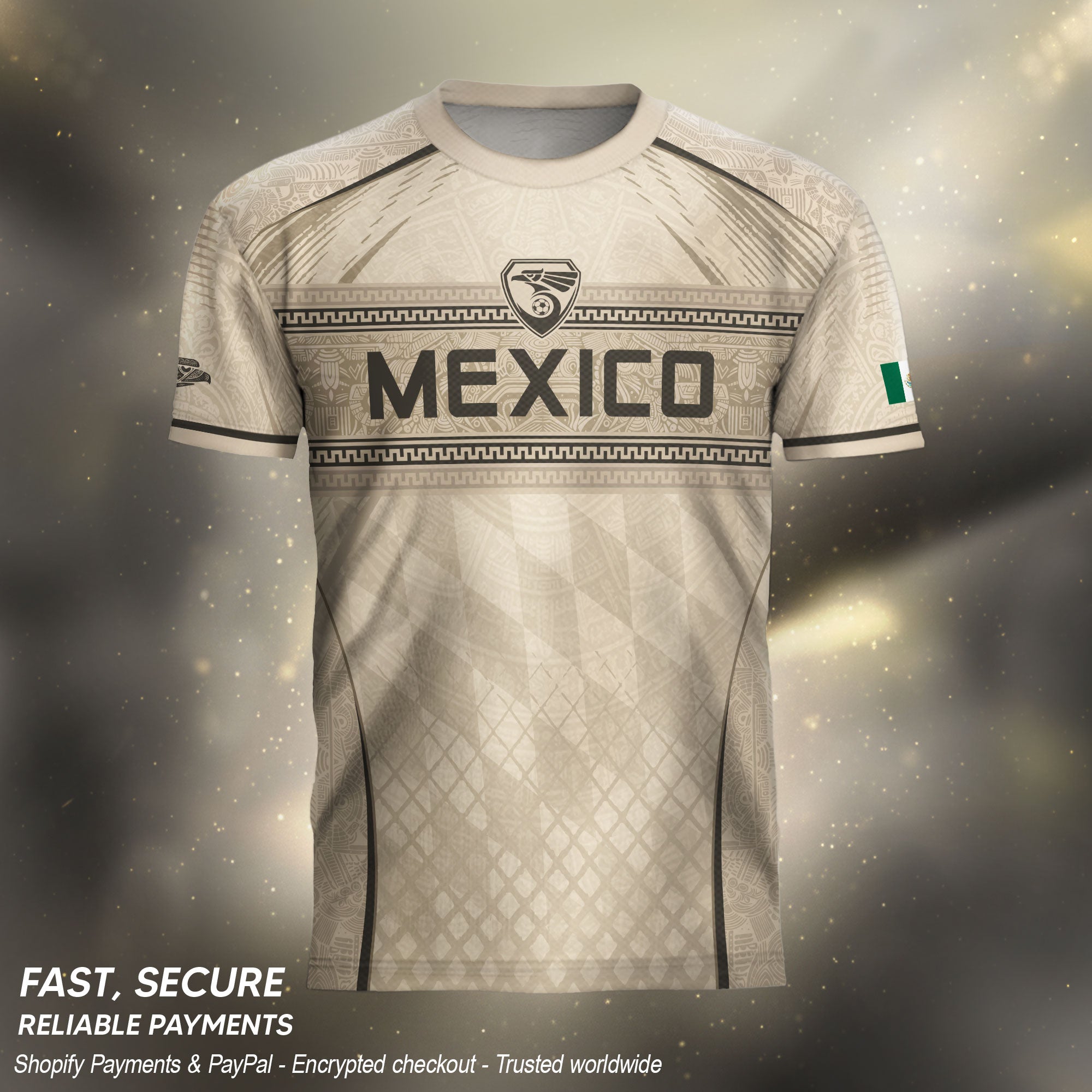 Camiseta de fútbol premium con emblema de águila azteca verde y dorado de México