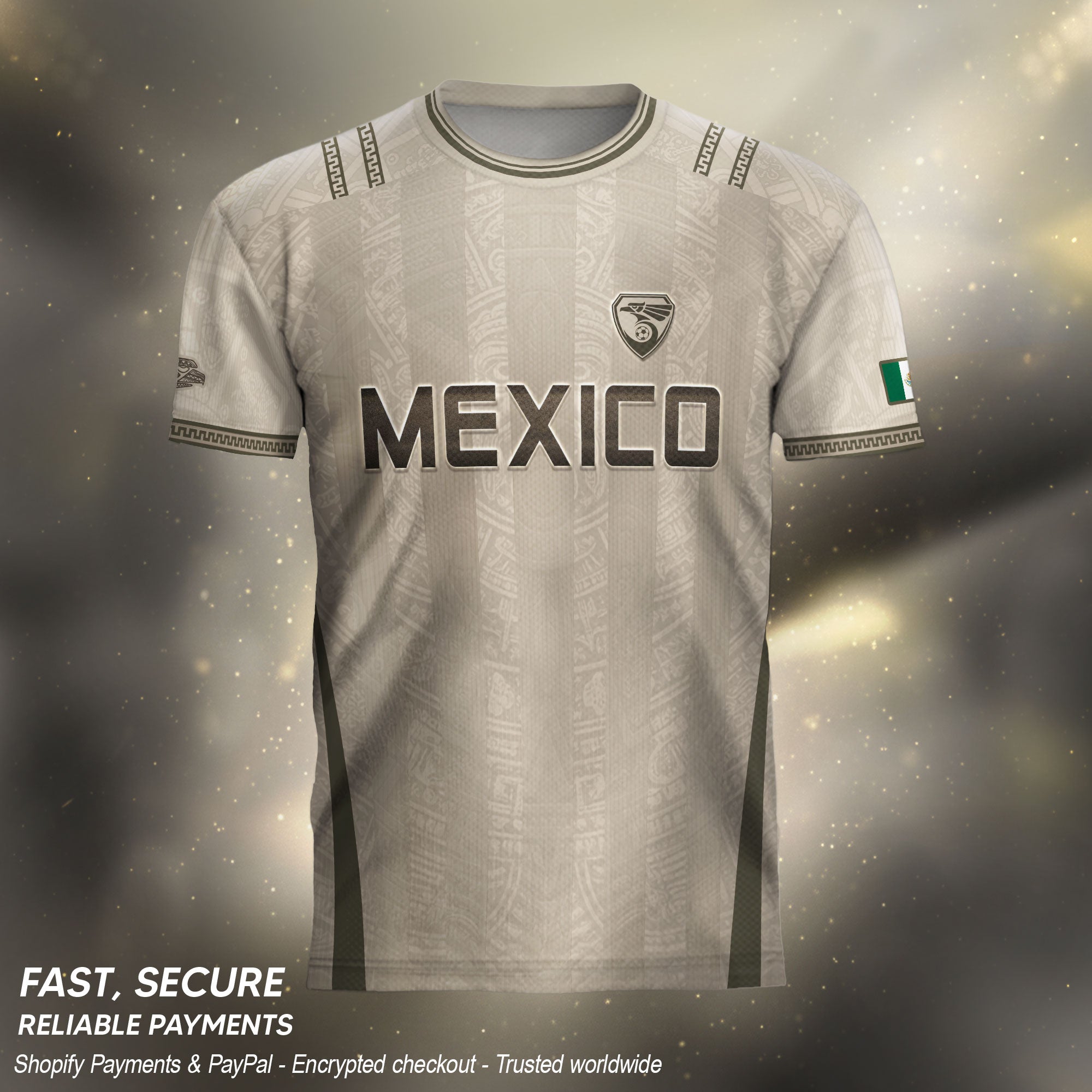 Camiseta de fútbol premium con emblema de águila azteca verde y dorado de México