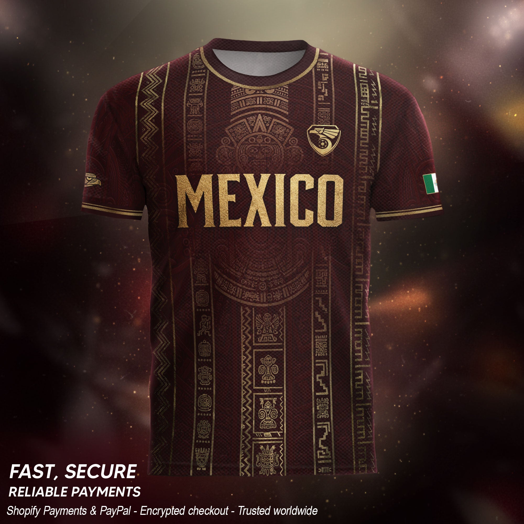 Camiseta de fútbol premium con emblema de águila azteca verde y dorado de México