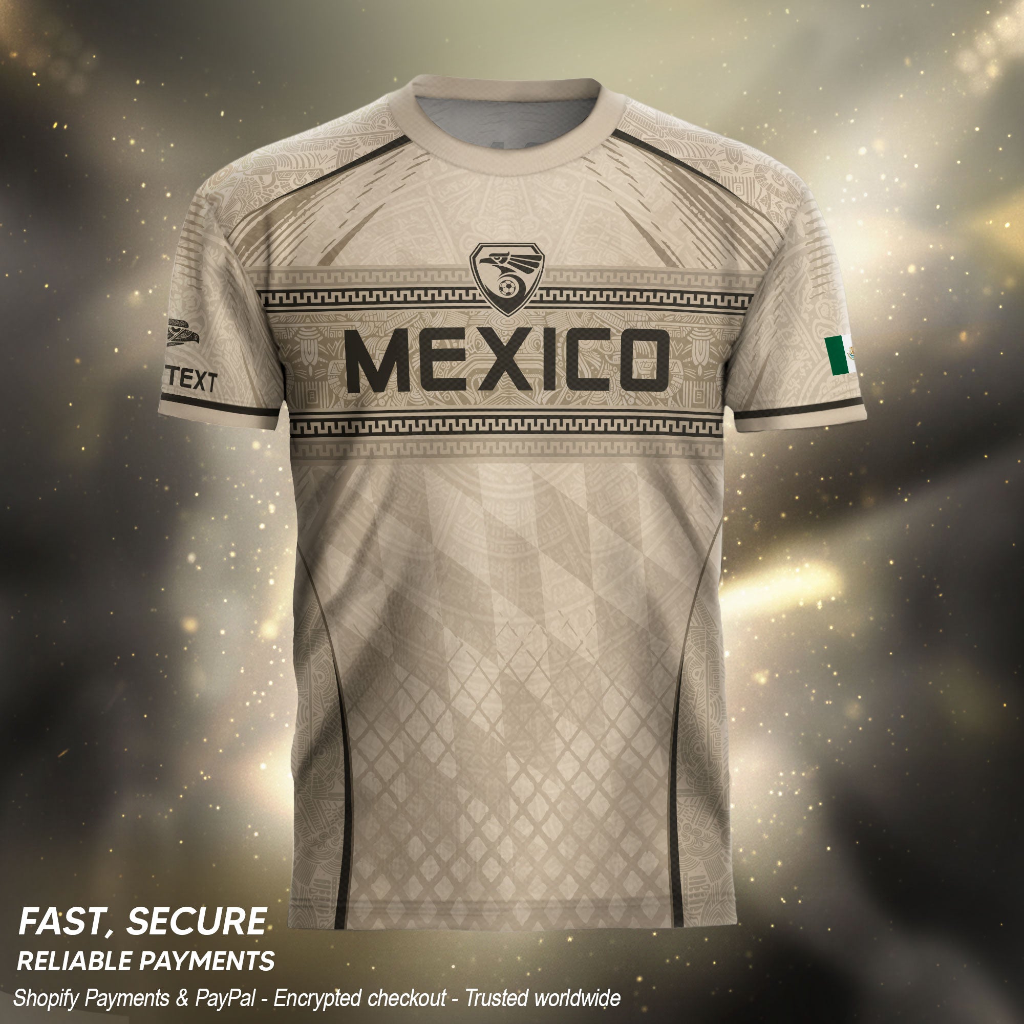 Camiseta de fútbol premium con emblema de águila azteca verde y dorado de México
