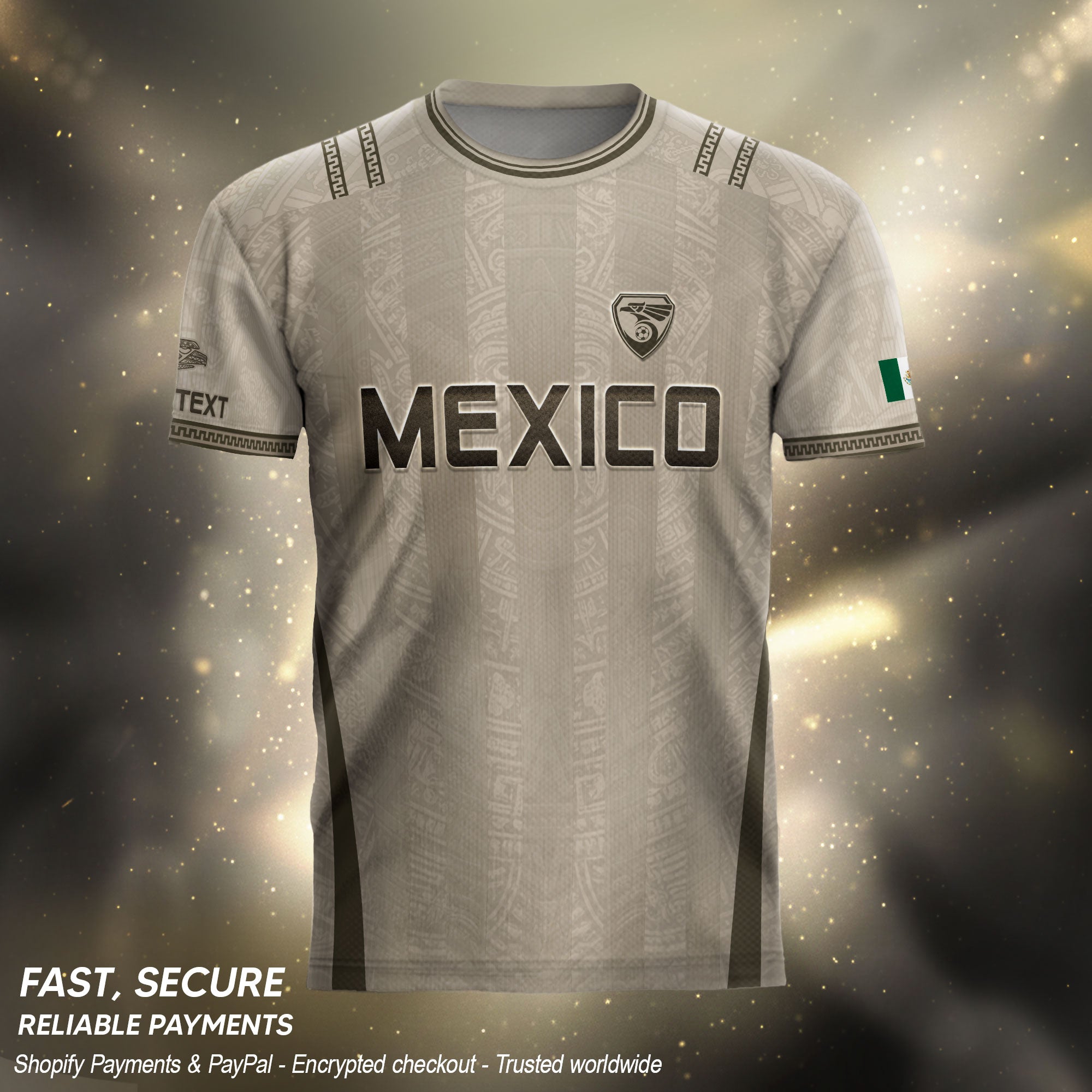 Camiseta de fútbol premium con emblema de águila azteca verde y dorado de México
