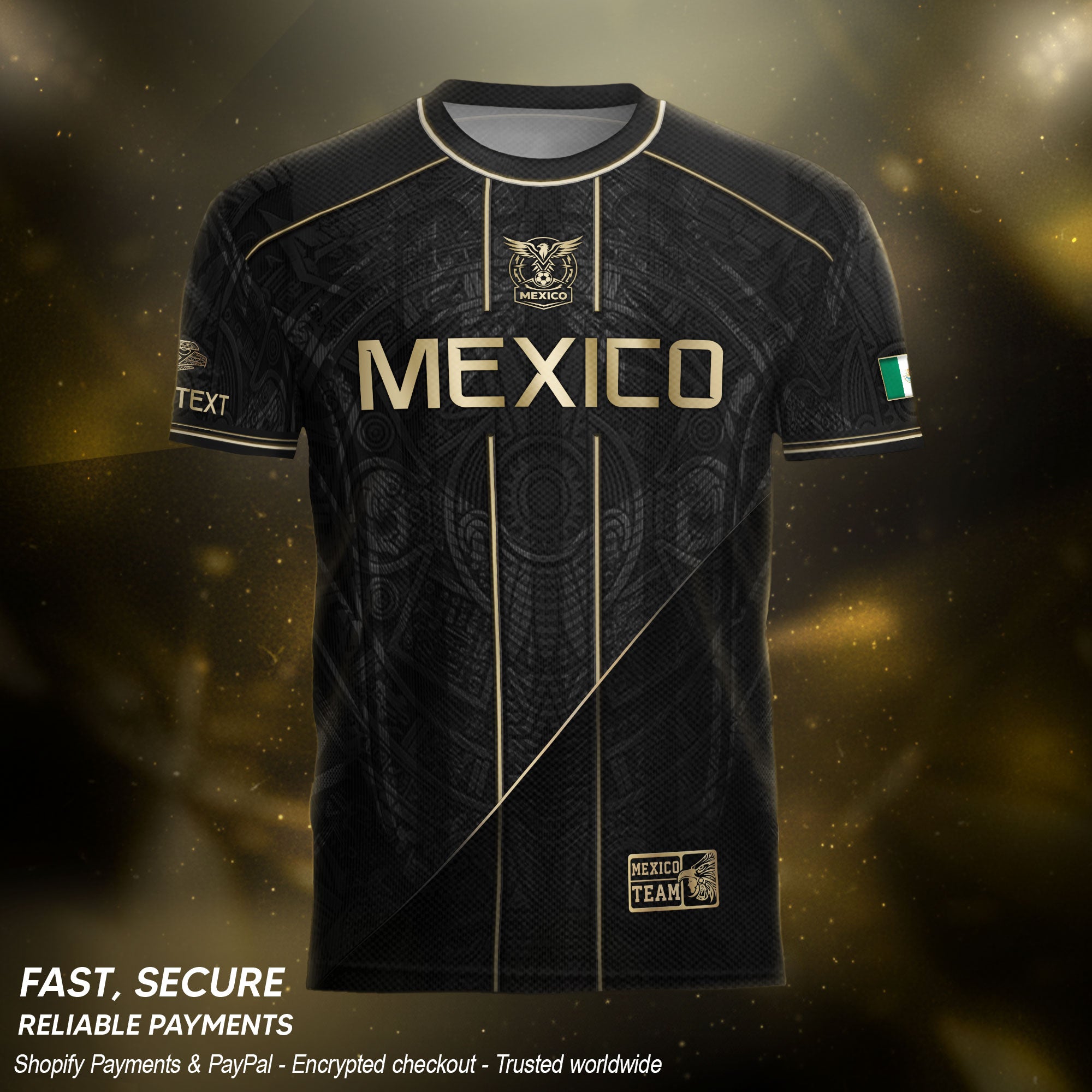 Camiseta de fútbol premium con emblema de águila azteca verde y dorado de México