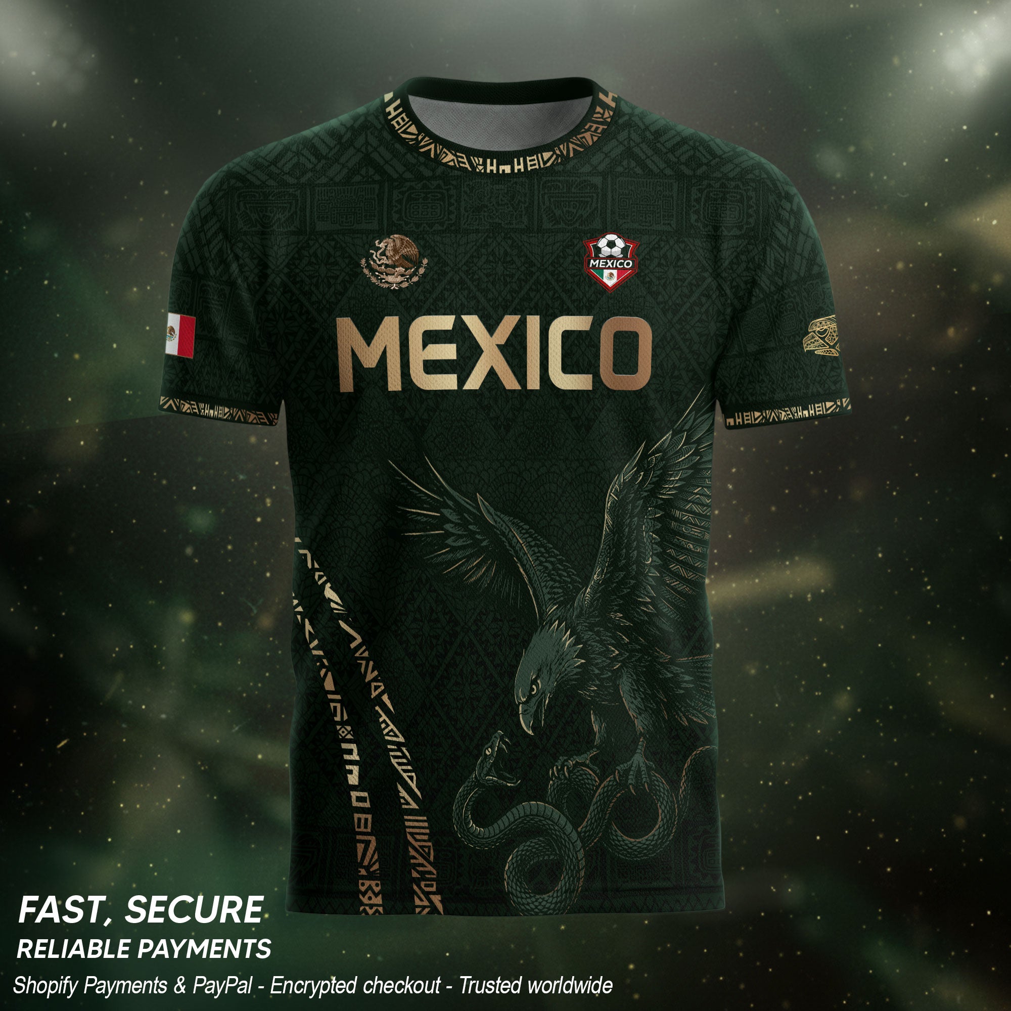 Camiseta de fútbol premium con emblema de águila azteca verde y dorado de México