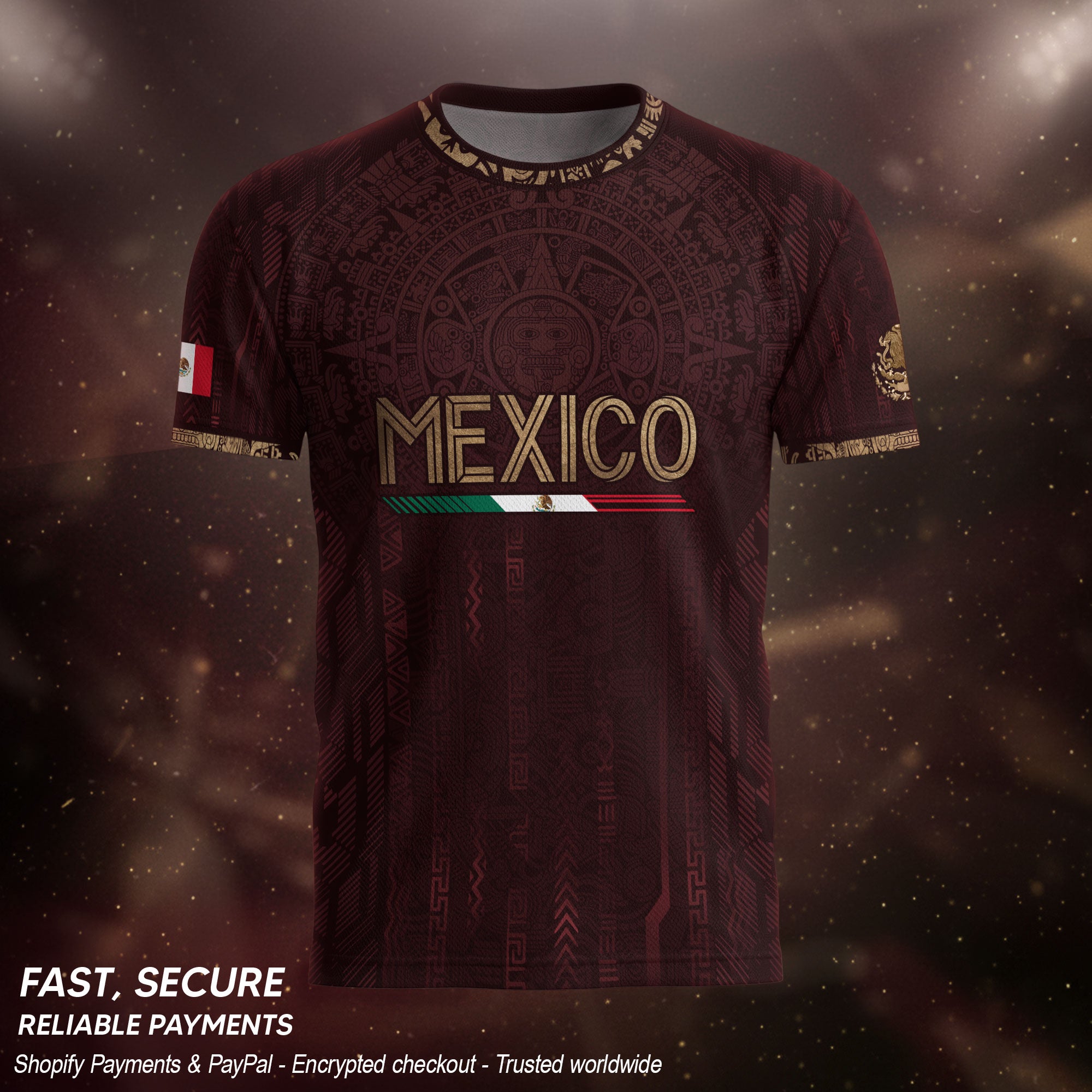 Camiseta de fútbol premium con emblema de águila azteca verde y dorado de México