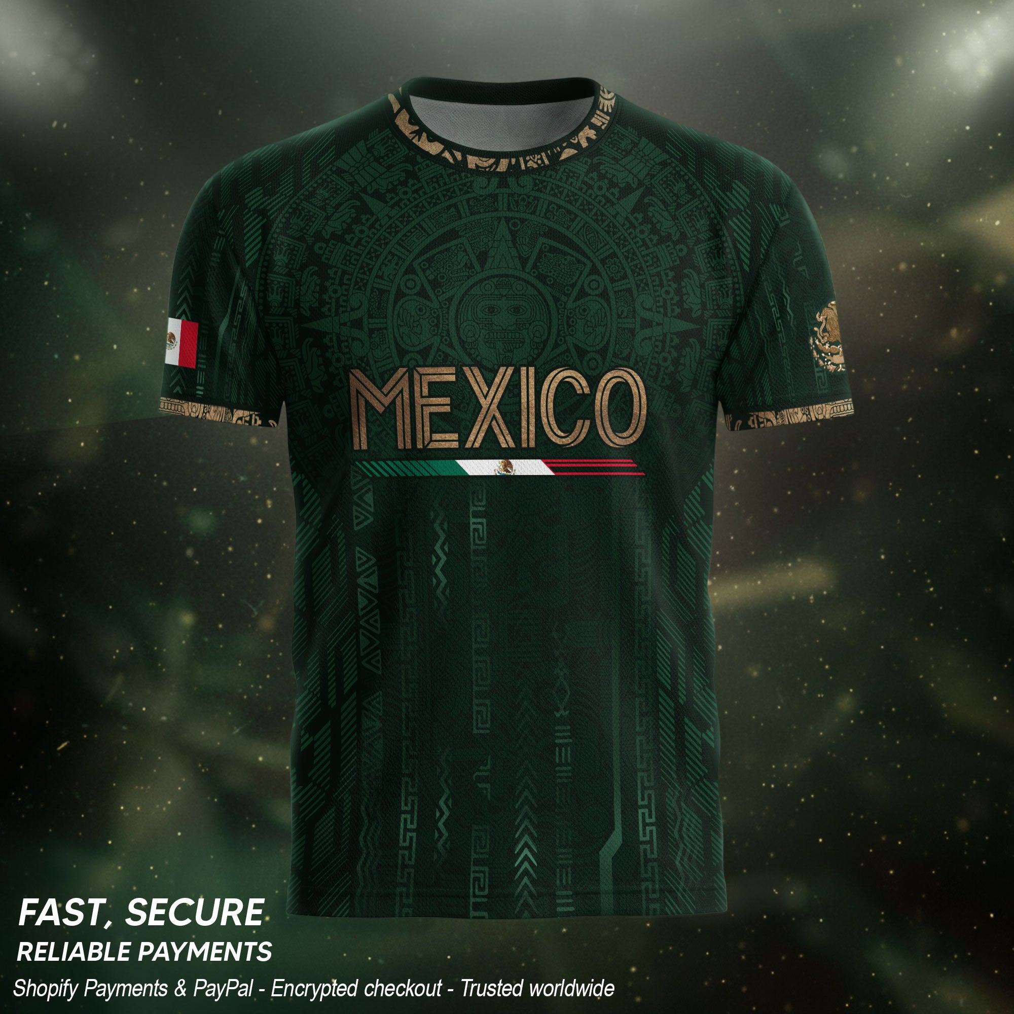 Camiseta de fútbol premium con emblema de águila azteca verde y dorado de México