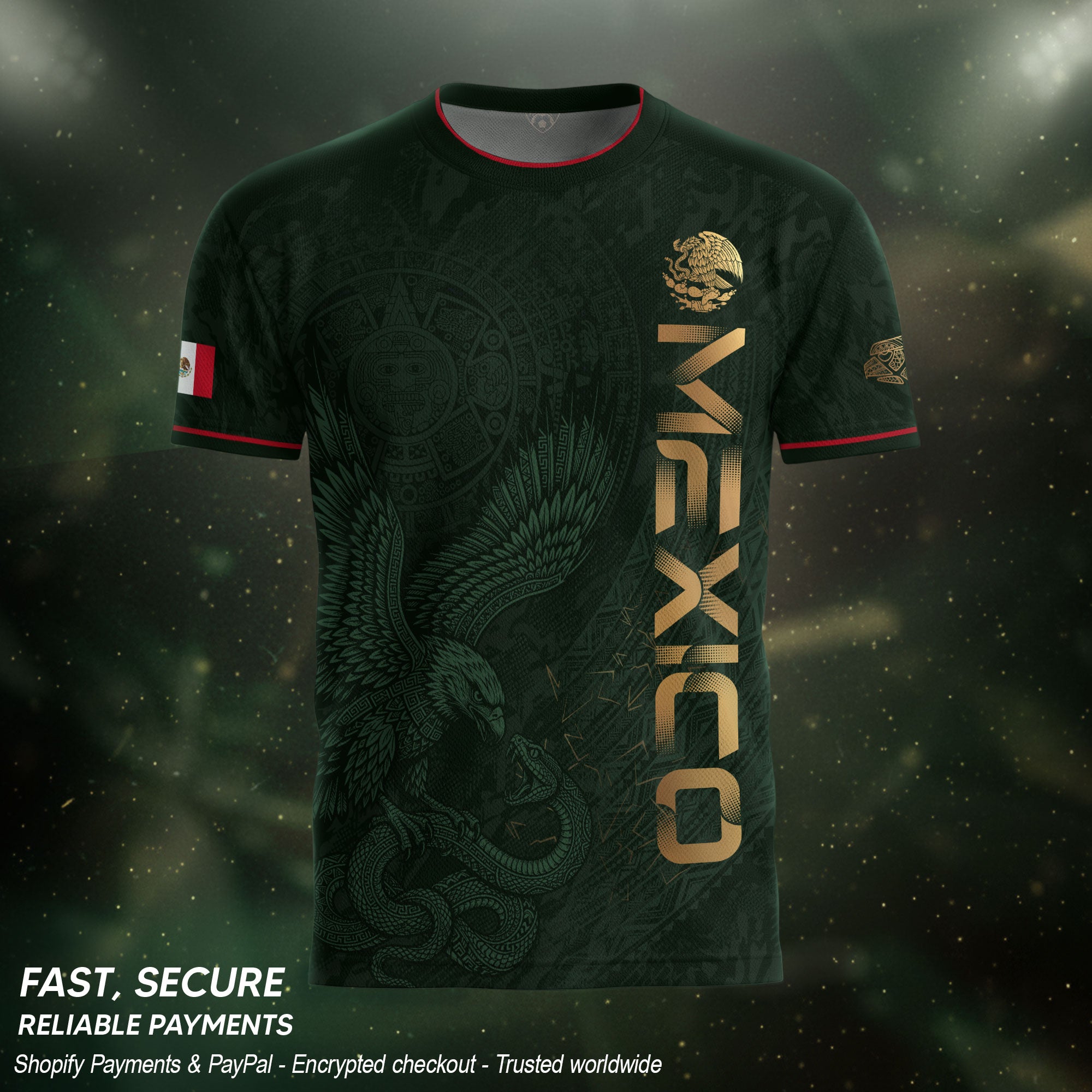 Camiseta de fútbol premium con emblema de águila azteca verde y dorado de México